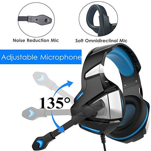 Micolindun Gaming Headset for PS4 Xbox One, Over Ear Gaming Headphones with Mic, Stereo Bass Surround, Noise Reduction, LED Lights and Volume Control for Laptop, PC, Mac, iPad, Smartphones (Blue)