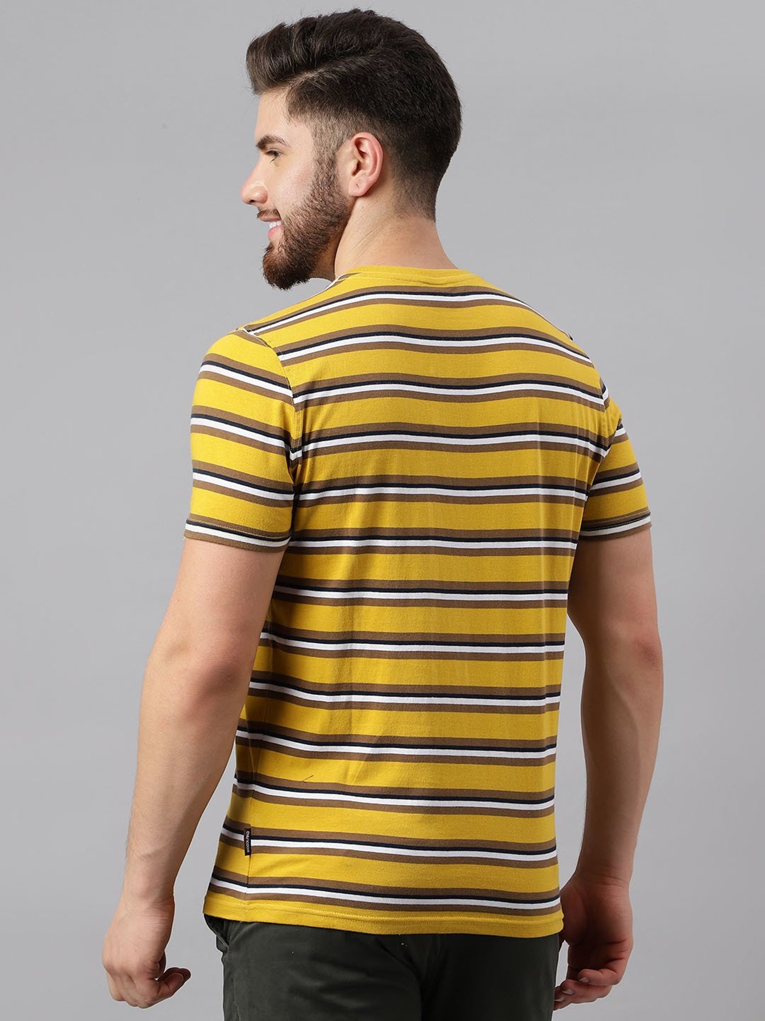 Woodland Mustard Cotton Regular Fit Striped T-Shirt