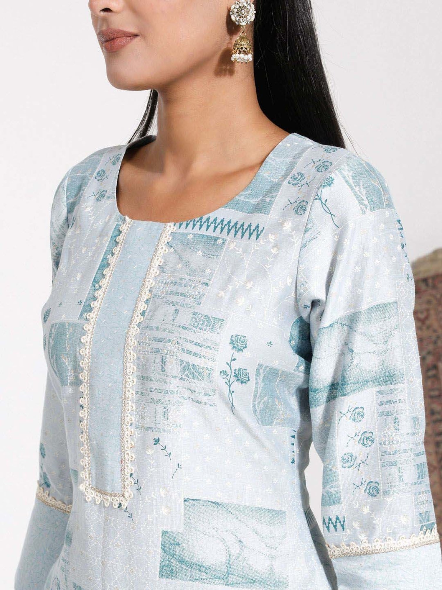 VASTRAMAY Aqua Blue Printed Kurta Pant Set