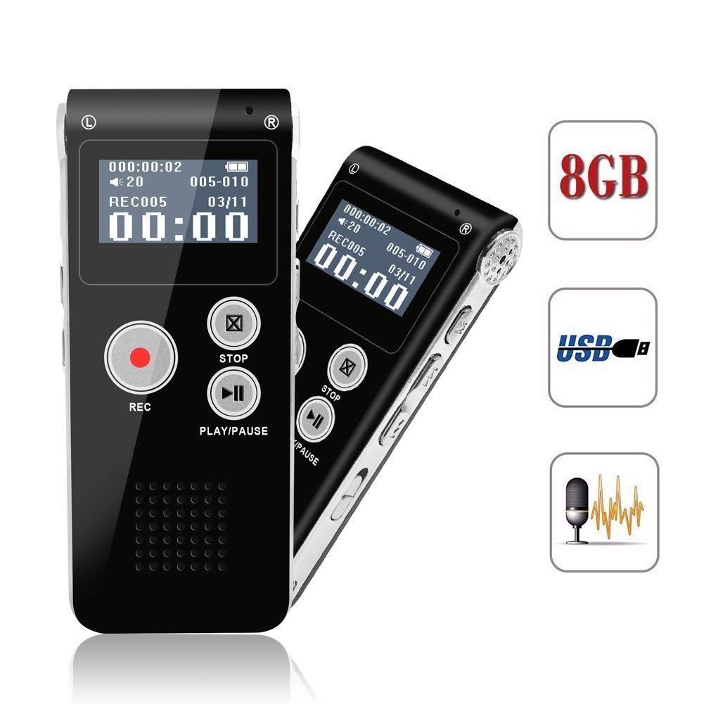 Digital Voice Recorder 8GB Sound Audio Recorder Dictaphone with USB, MP3 player, DoubleMicrophone, Portable & Rechargeable Digital Voice Activated Recorder for Lectures Meetings