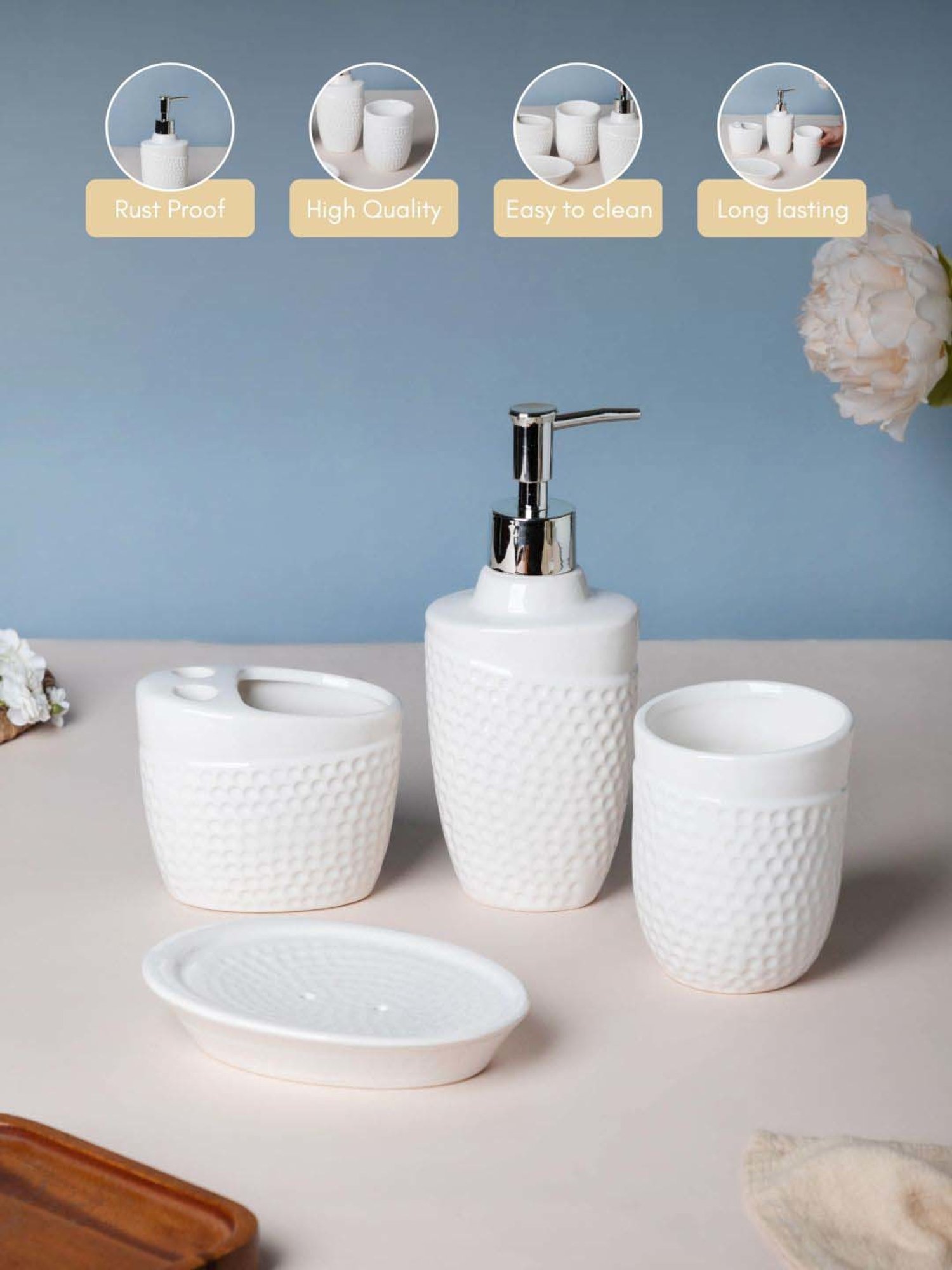 Nestasia dotted embossed White luxury ceramic bathroom complete set for wash basin (Set of 4)