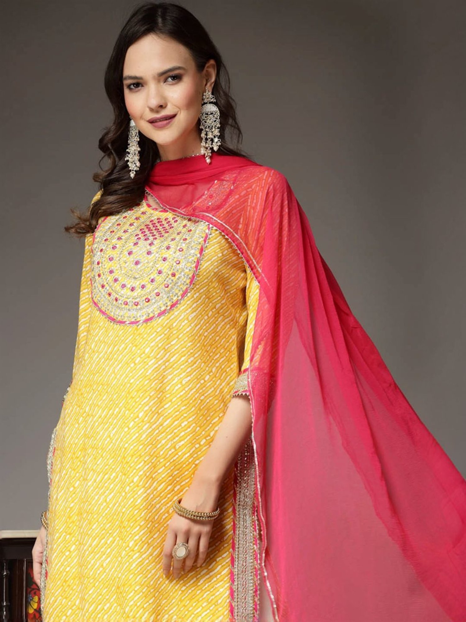Stylum Yellow & White Embroidered Kurta & Pant Set With Dupatta