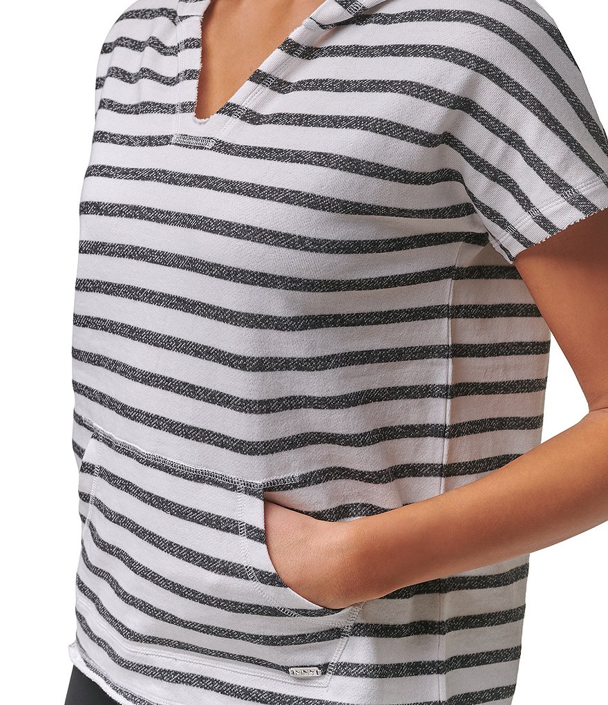 Marc New York Stripe French Terry Short Sleeve Hooded V-Neck Pullover Top