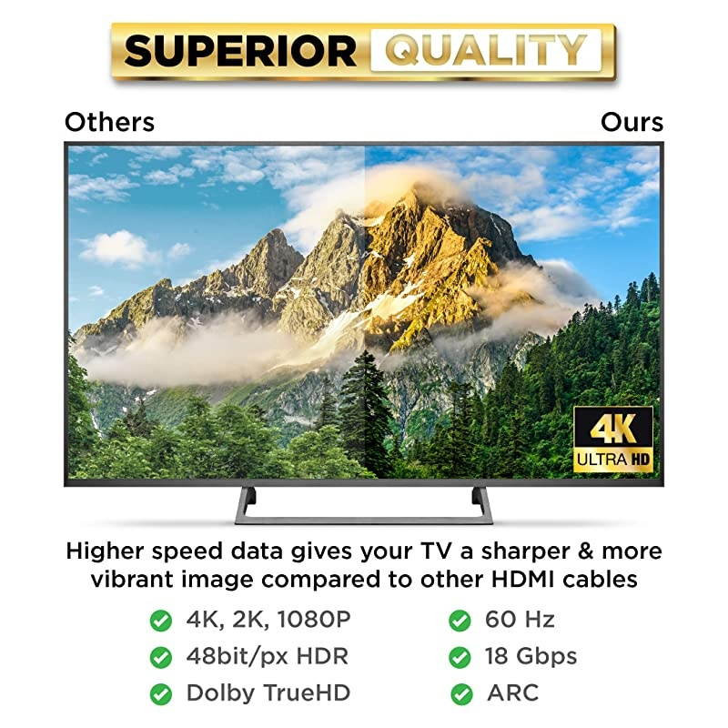 4K HDMI Cable 3 ft | High Speed Braided Nylon Gold Connectors 4K 60Hz Ultra HD 2K 1080P ARC Compatible | for Laptop Monitor PS5 PS4 Xbox One Fire TV Apple TV More