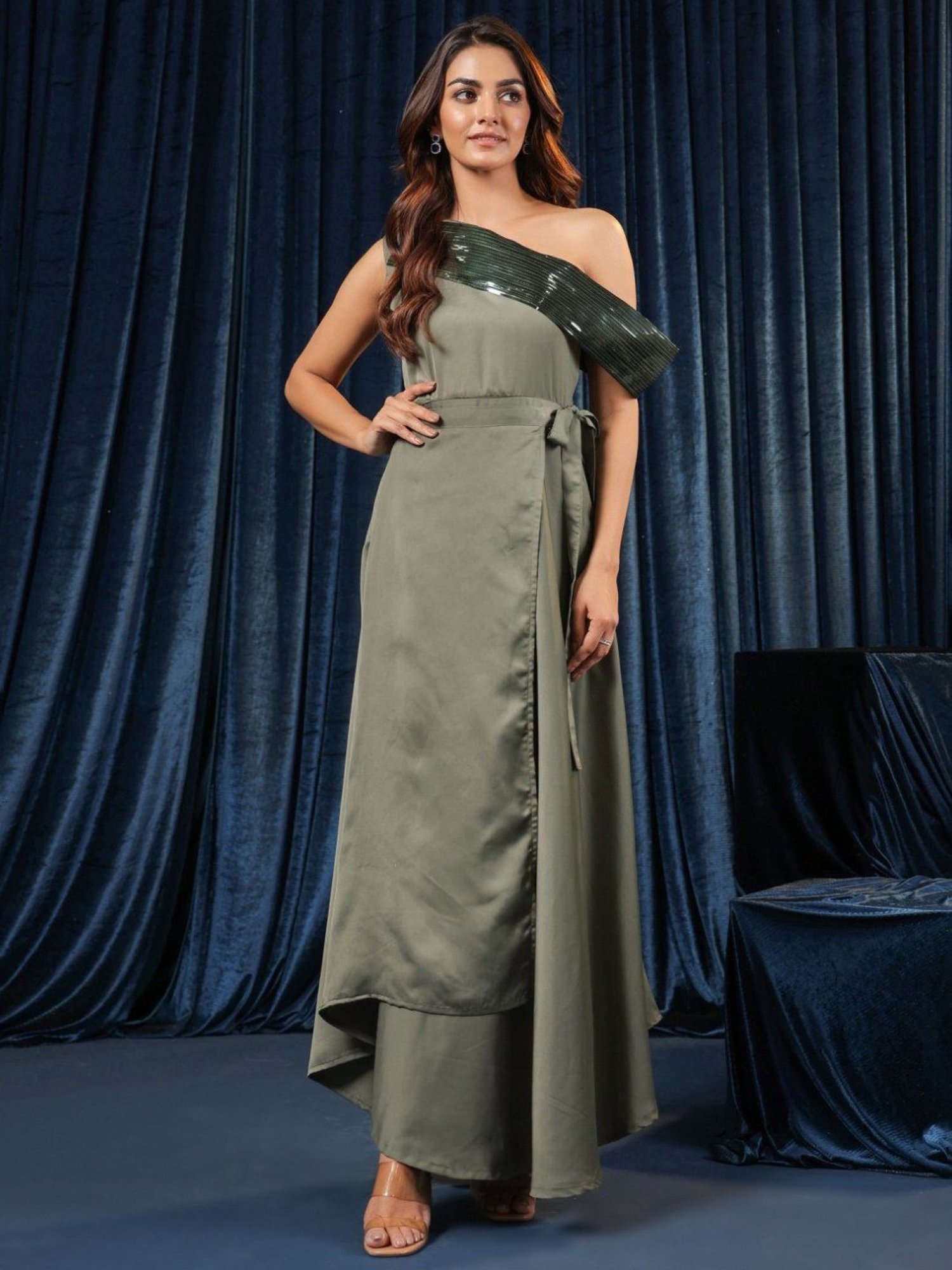 BInfinite Olive Sparkle Sorbet Satin Embellished Dress