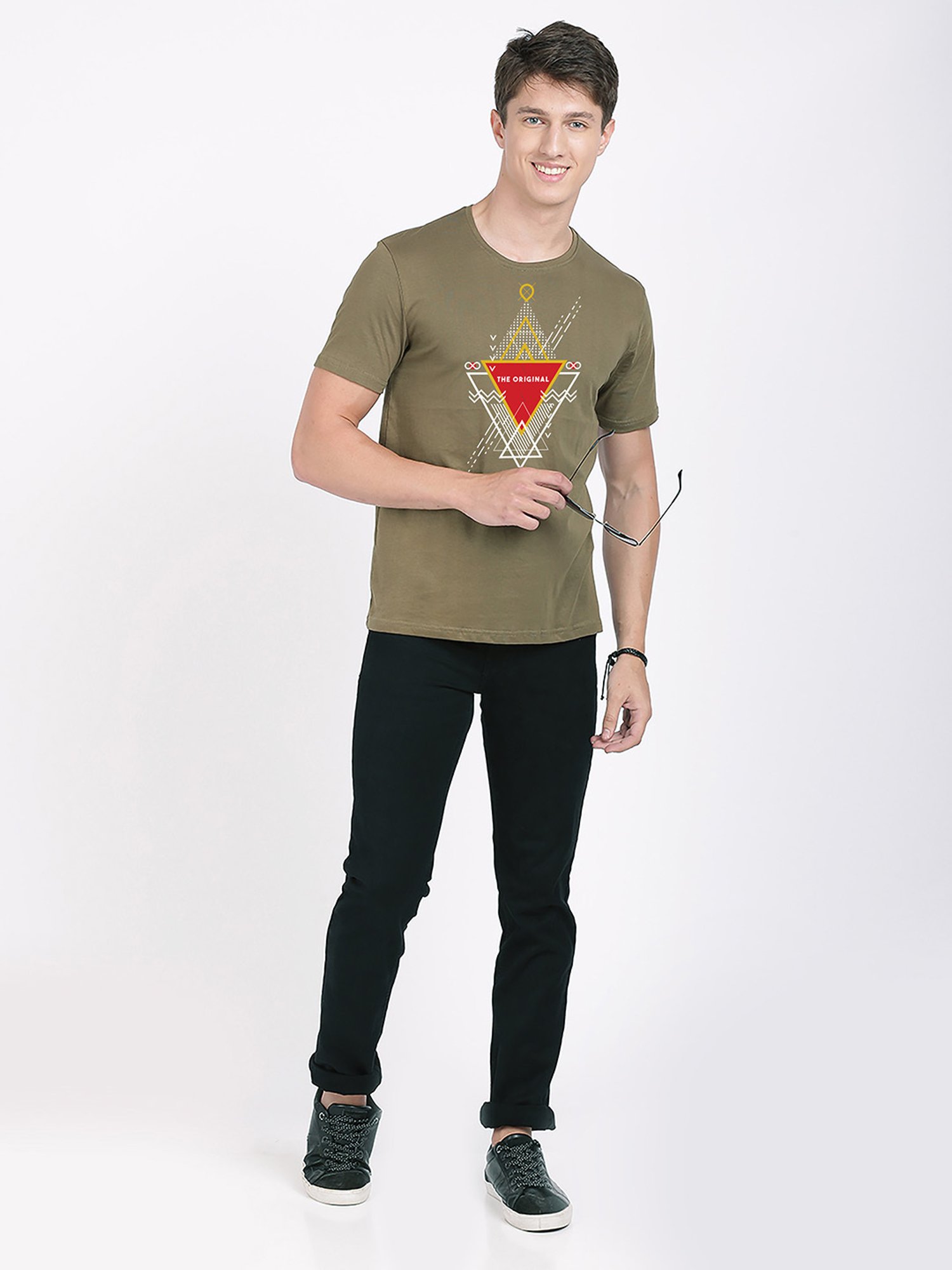 BLACK RADIO Olive Slim Fit Printed Cotton Crew T-Shirt