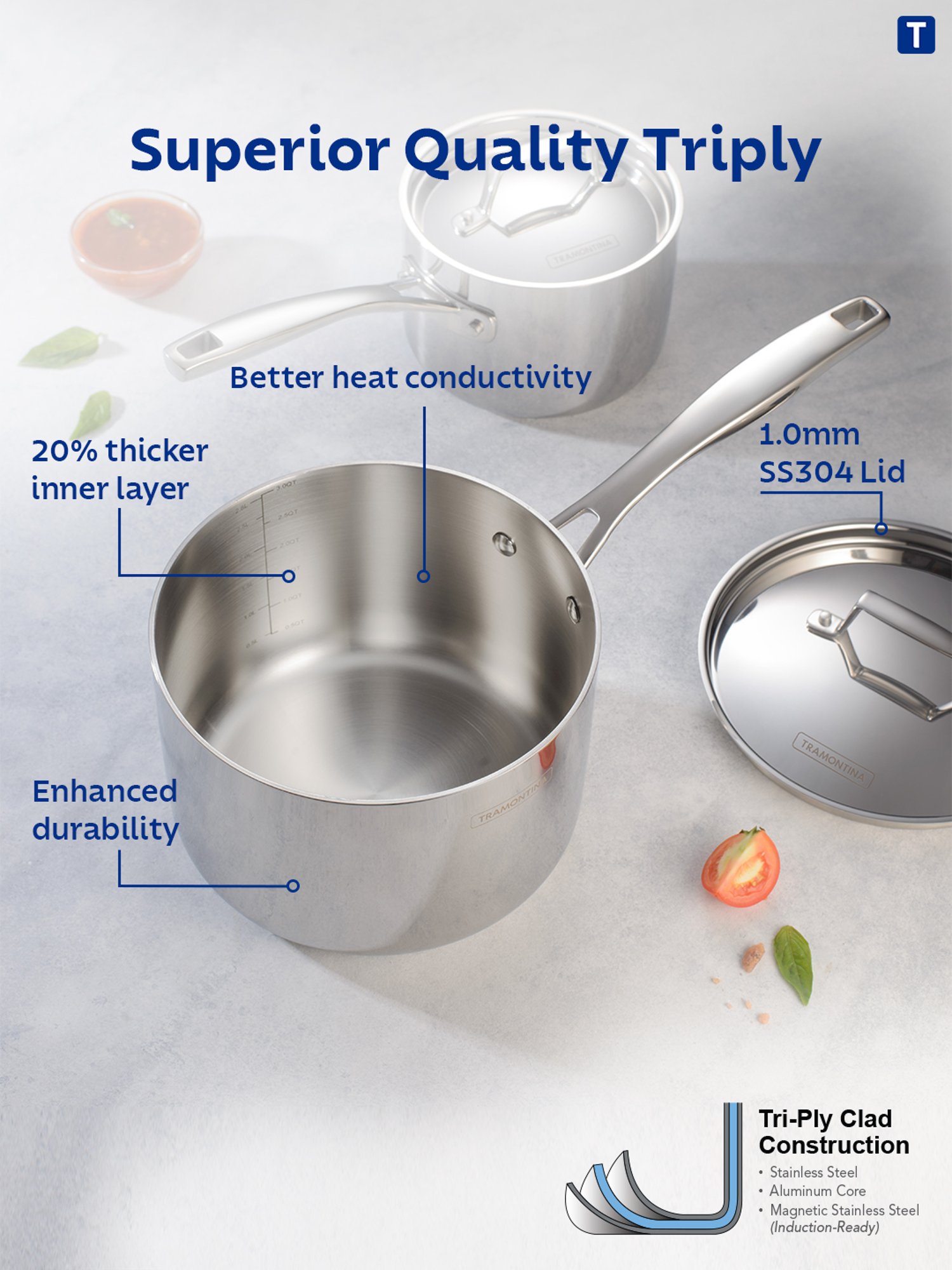 Tramontina Aeion Triply Non-Toxic Stainless Sauce Pan with Lid 14cm/1.5L NSF Certified