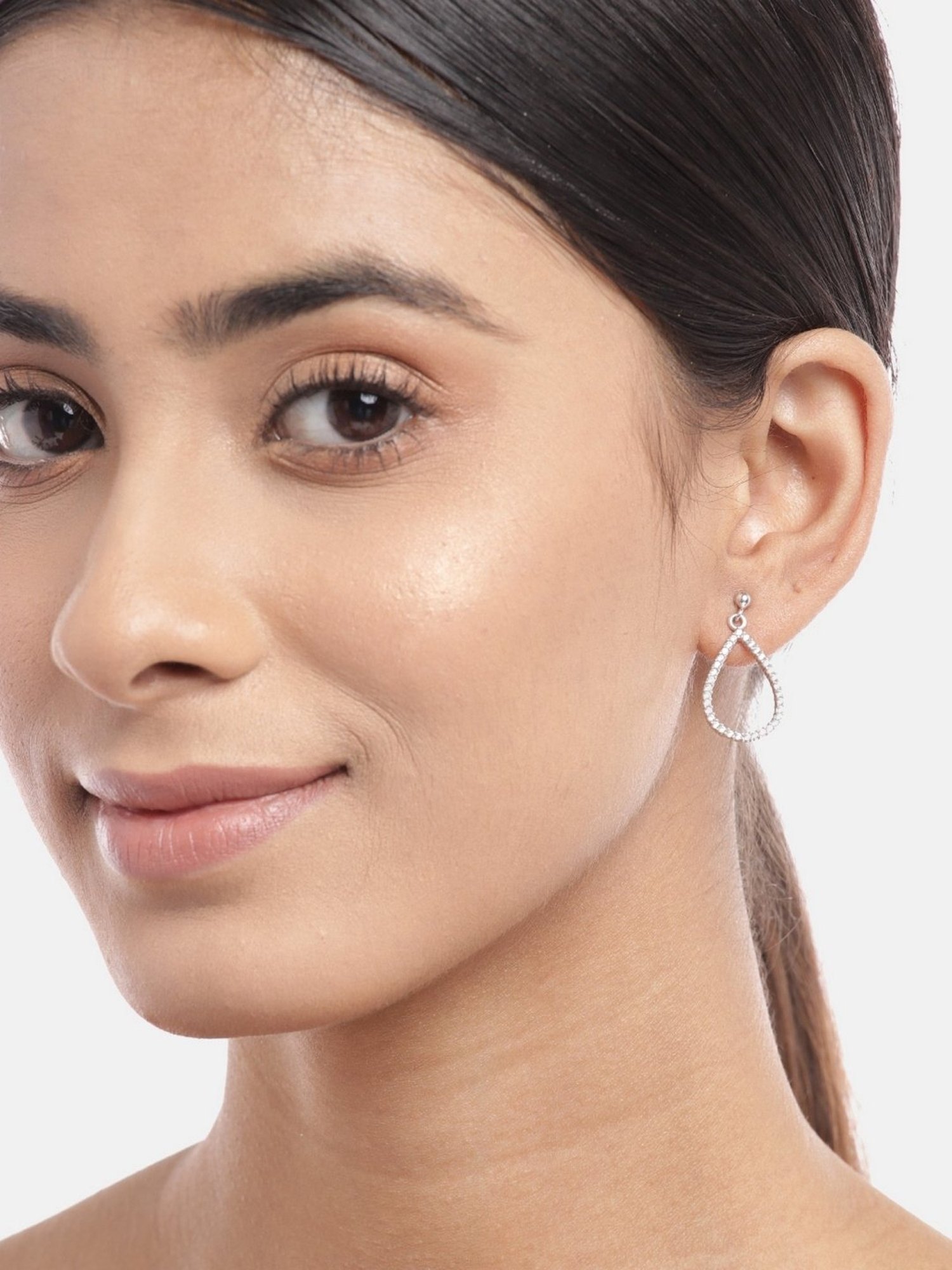 Zavya 92.5 Sterling Silver CZ Studded Rhodium-Plated Hanging Stud Earrings for Women