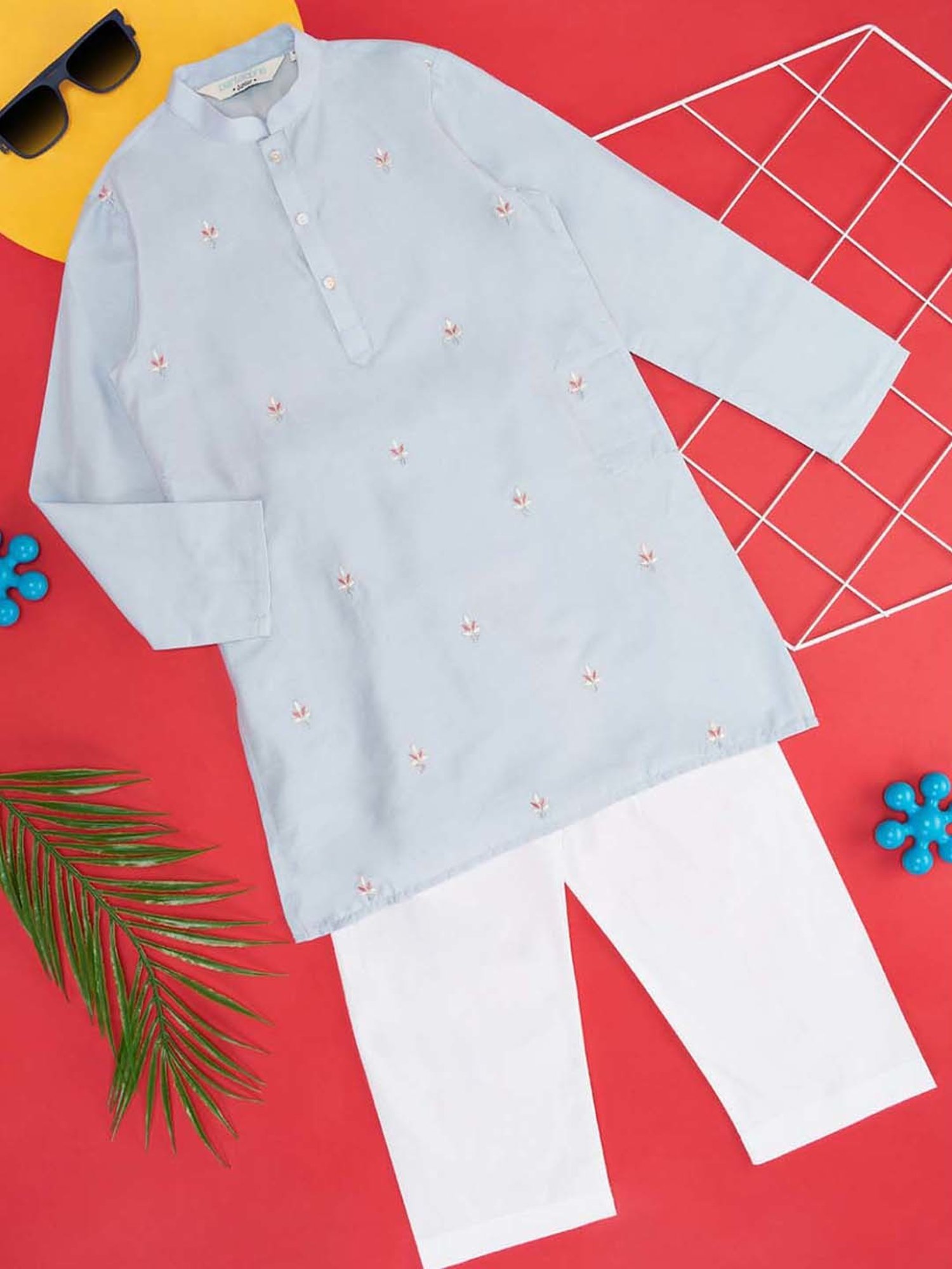 Indus Route by Pantaloons Kids Powder Blue & White Embroidered Full Sleeves Kurta Set