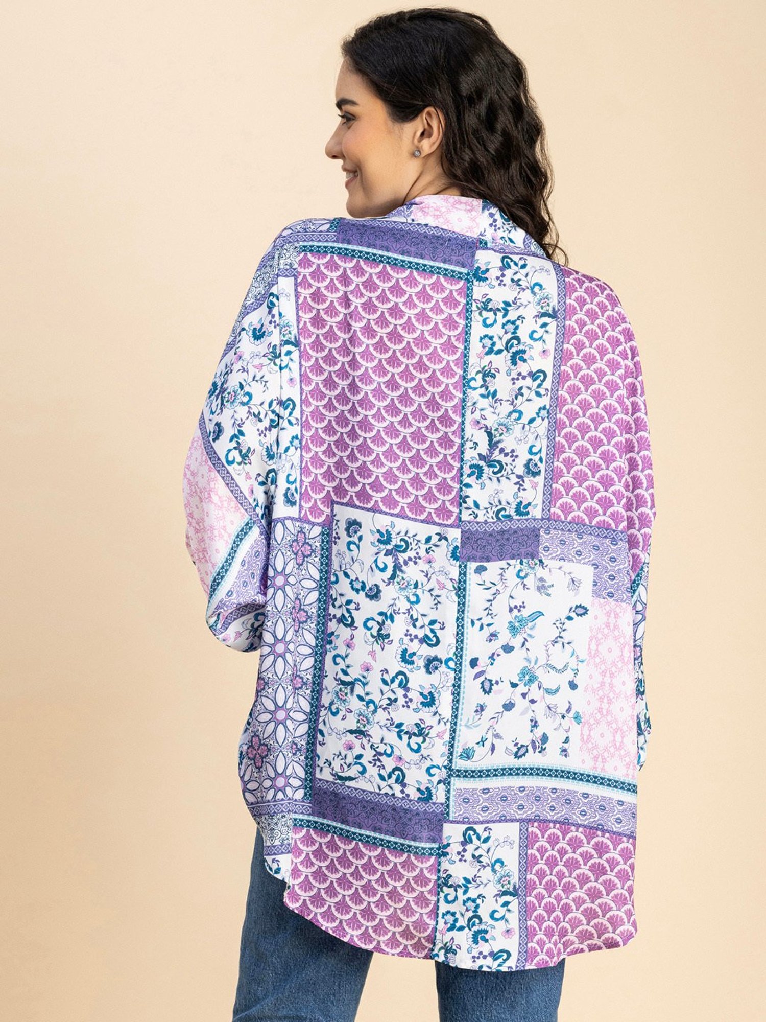 Moomaya Purple & White Floral Print Shrug