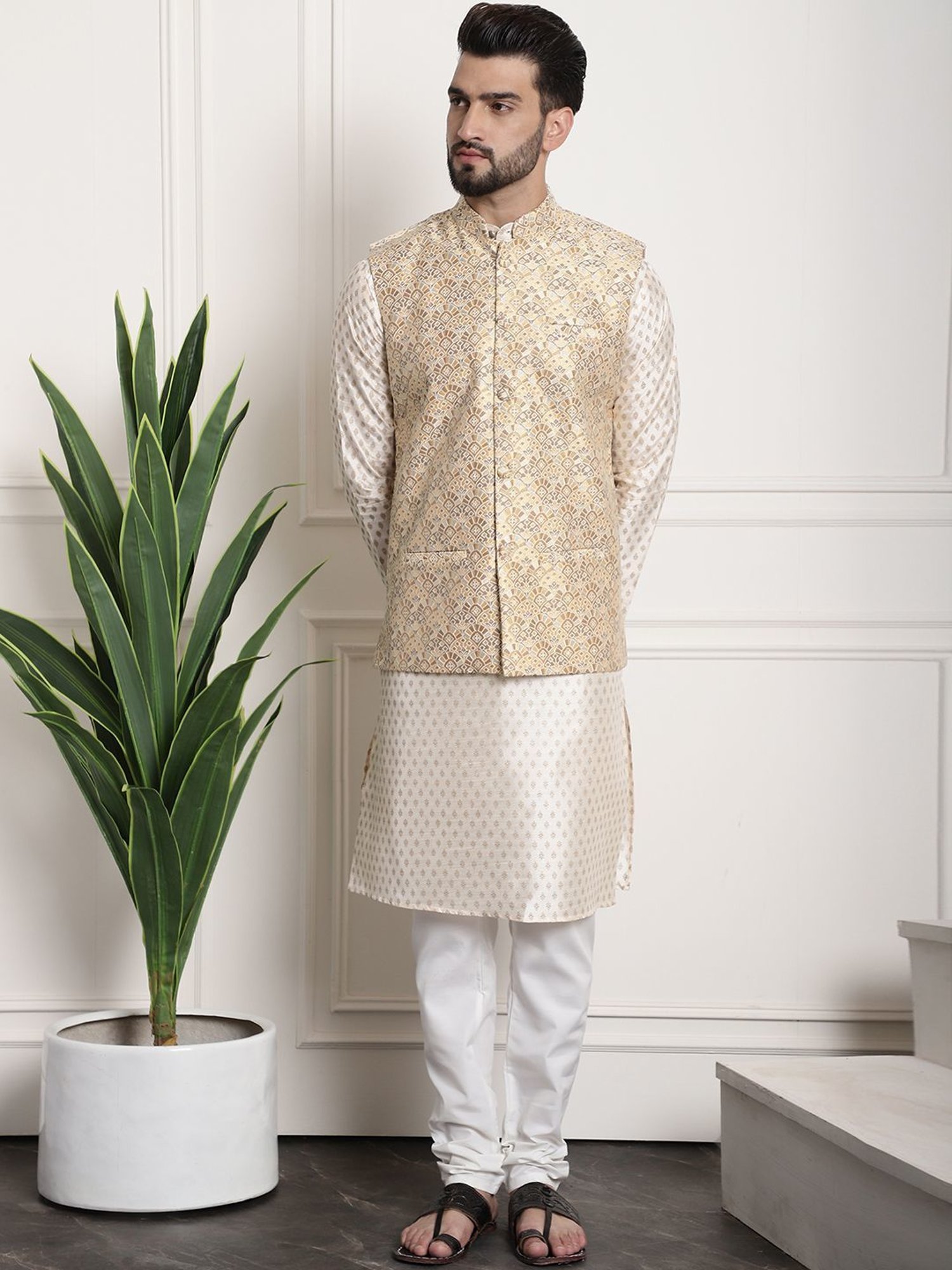 Sojanya Gold Regular Fit Self Pattern Nehru Jacket