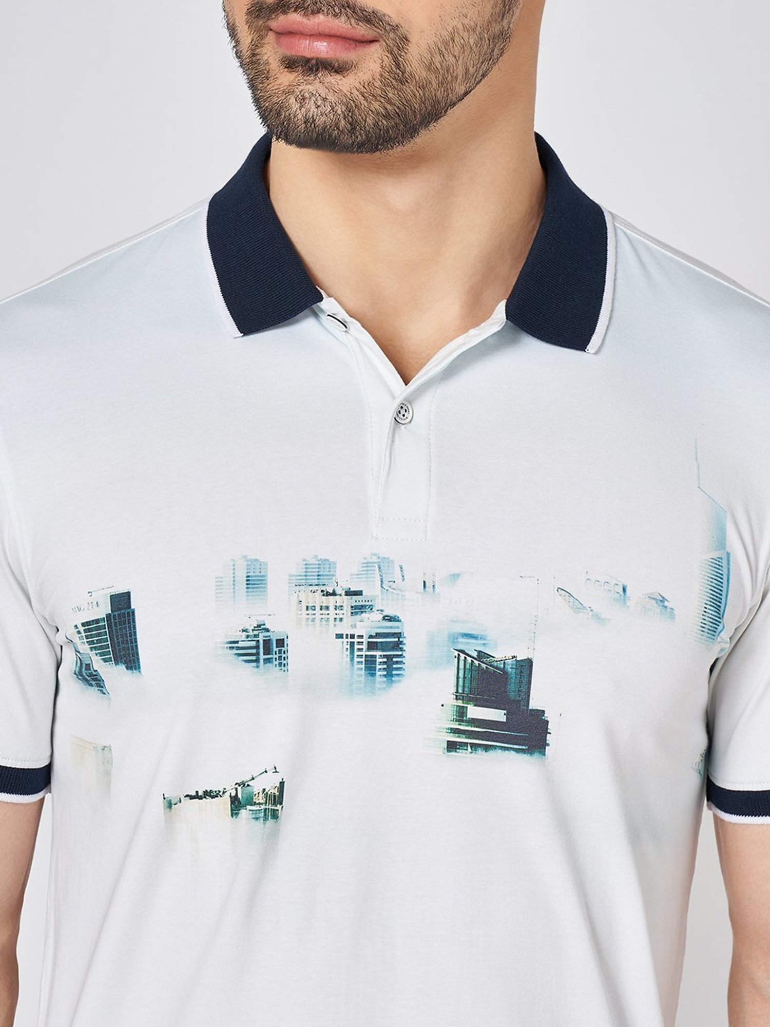 Byford By Pantaloons White Cotton Slim Fit Printed Polo T-Shirt