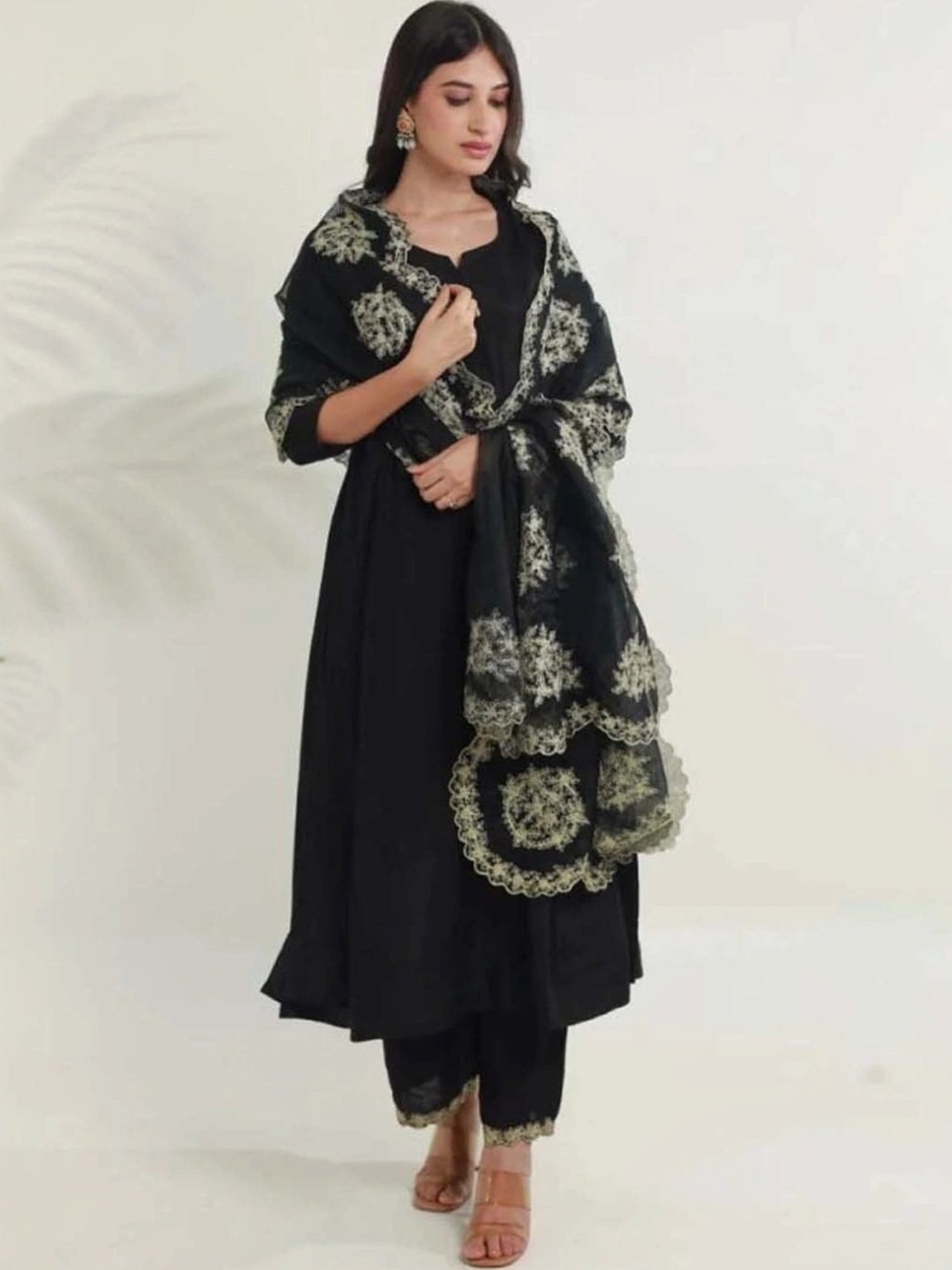 Asrumo Black Tara Chanderi Heavy Aari Embroidery Three Kali Kurta with Pant and Dupatta