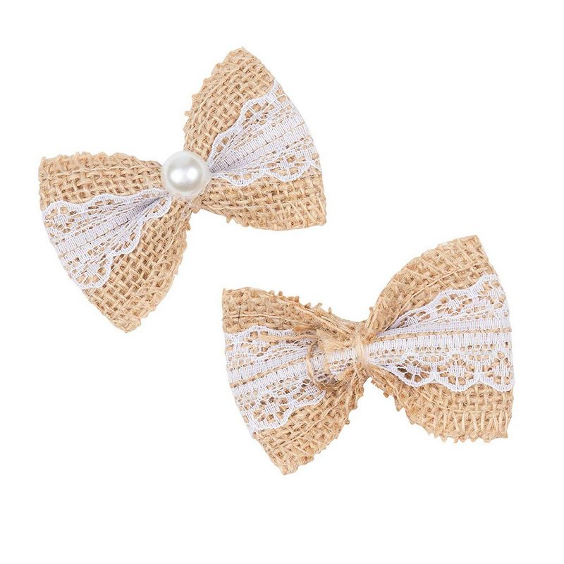 Genie Crafts 24-Pack Burlap Ribbon Bows with White Lace and Pearls, Brown 2.75"x1.9"