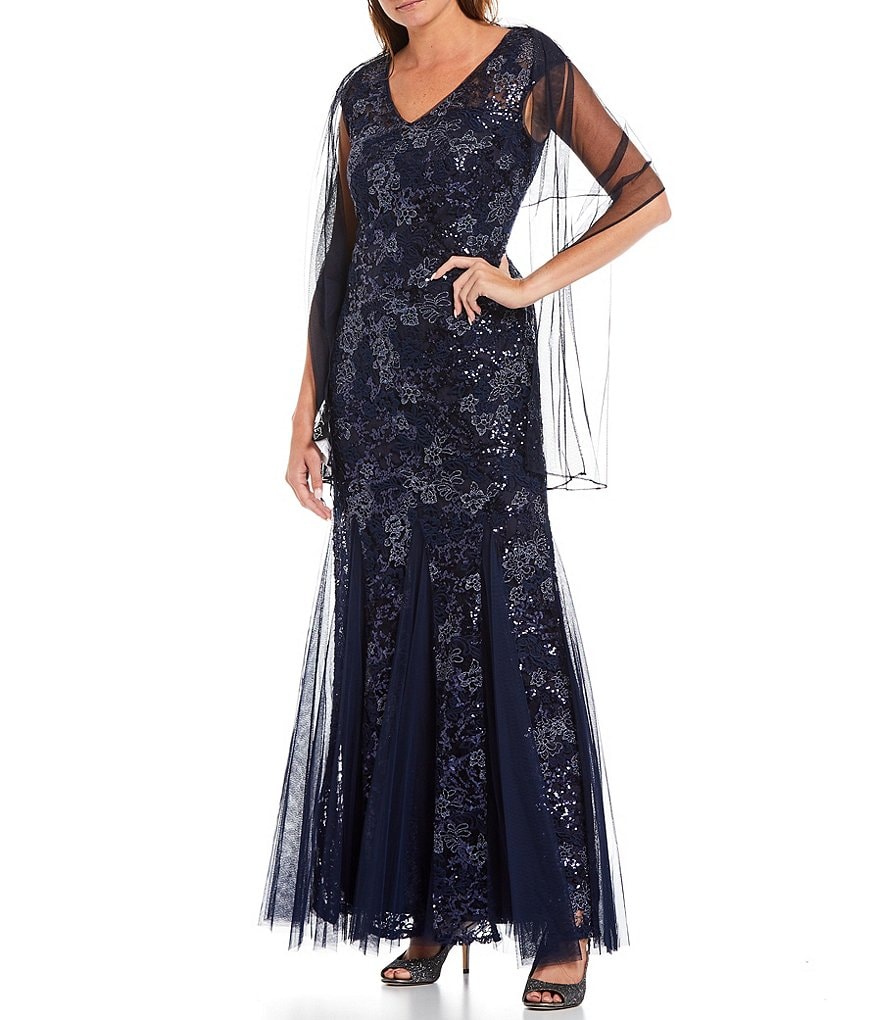 Jkara Petite Size 3/4 Sleeve Lined Illusion Crew Neck Beaded Gown