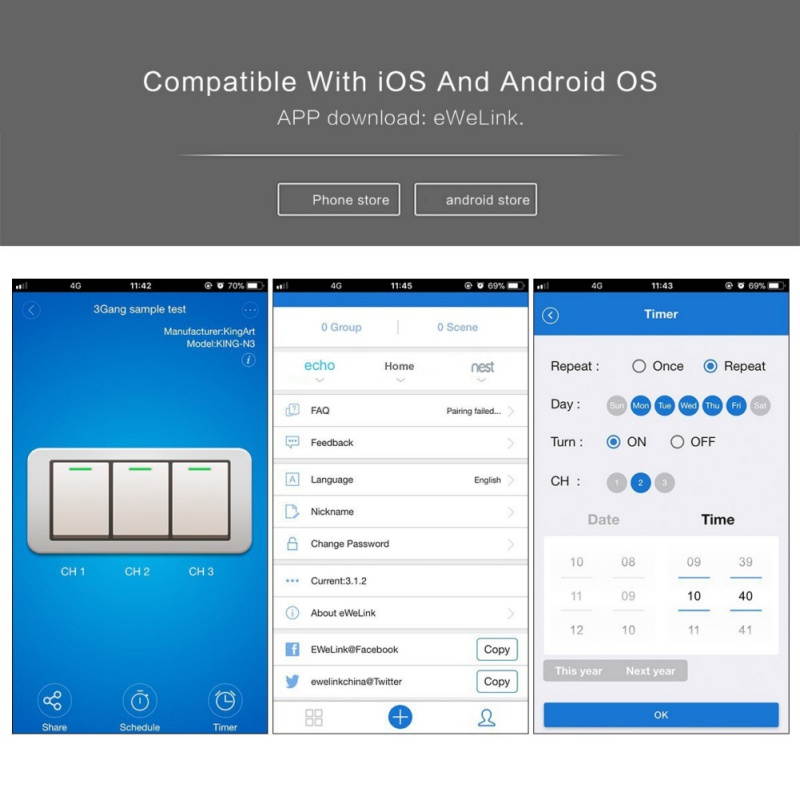 Smart Switch 3 Gang WiFi Light Switches in Tempered Glass Touch Panel by Tuya/Smart Life APP Compatibles with Alexa, Google Home and IFTTT,No Hub Required (Black)