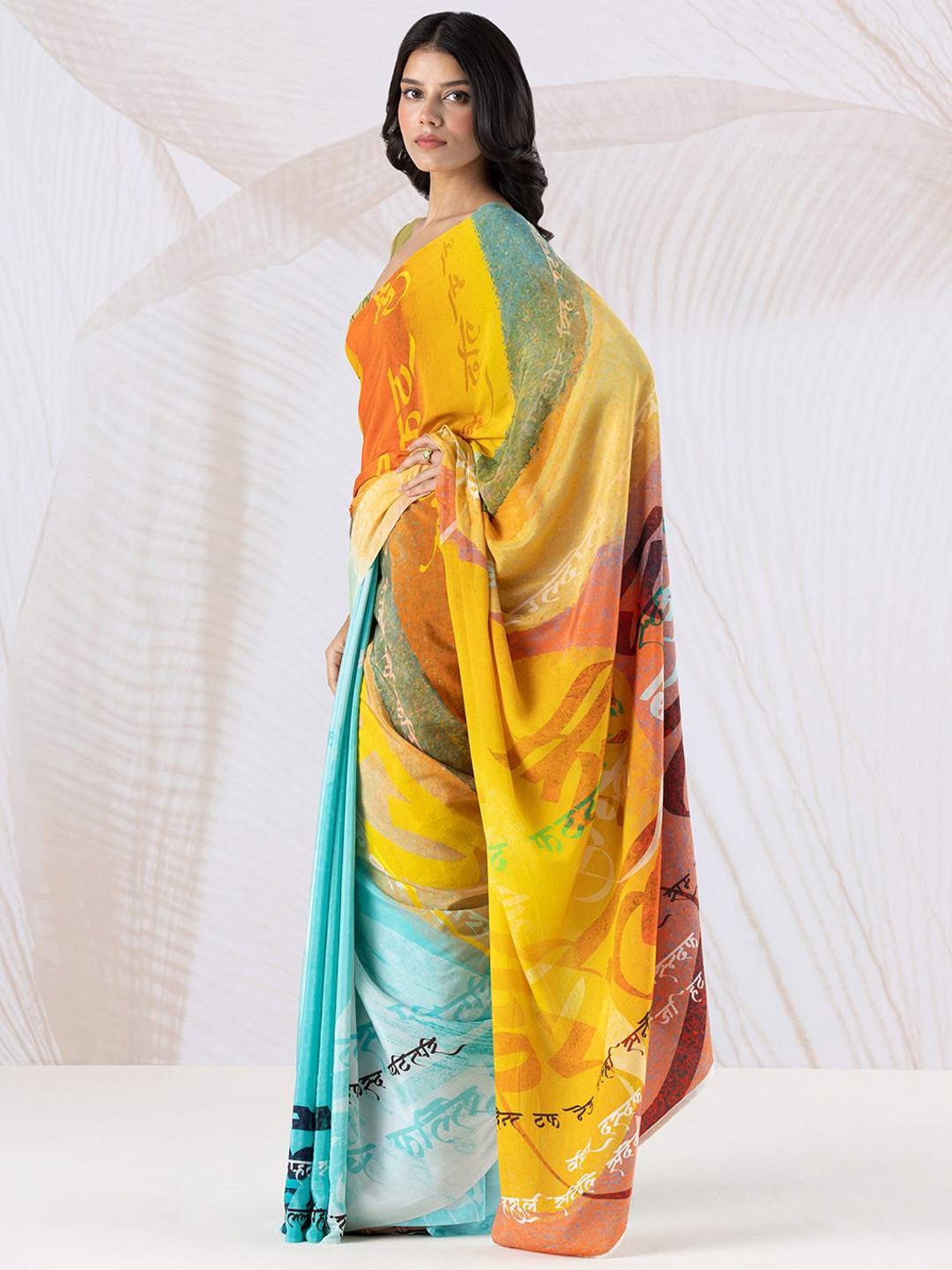 navyasa by liva Yellow & Blue Printed Saree With Unstitched Blouse