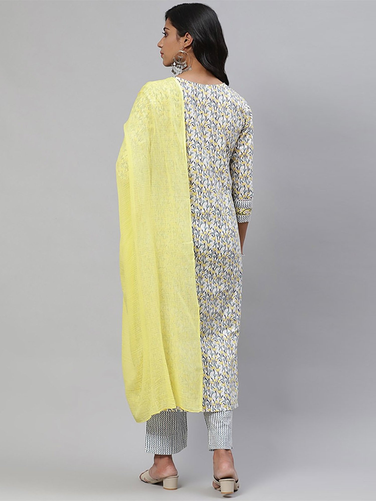 Vaamsi White & Yellow Cotton Floral Print Kurta Pant Set With Dupatta