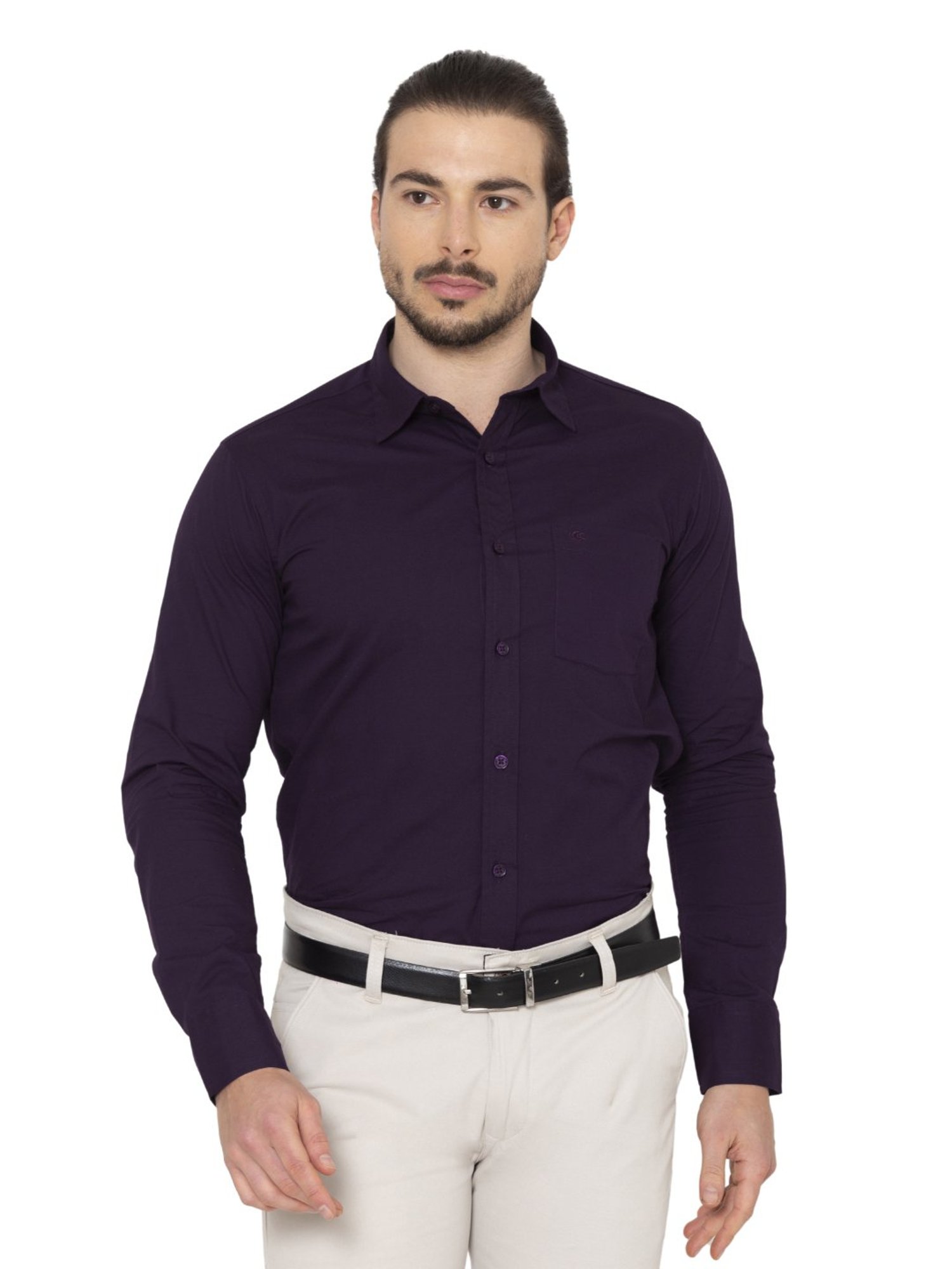 Allen Cooper Purple Cotton Regular Fit Shirts