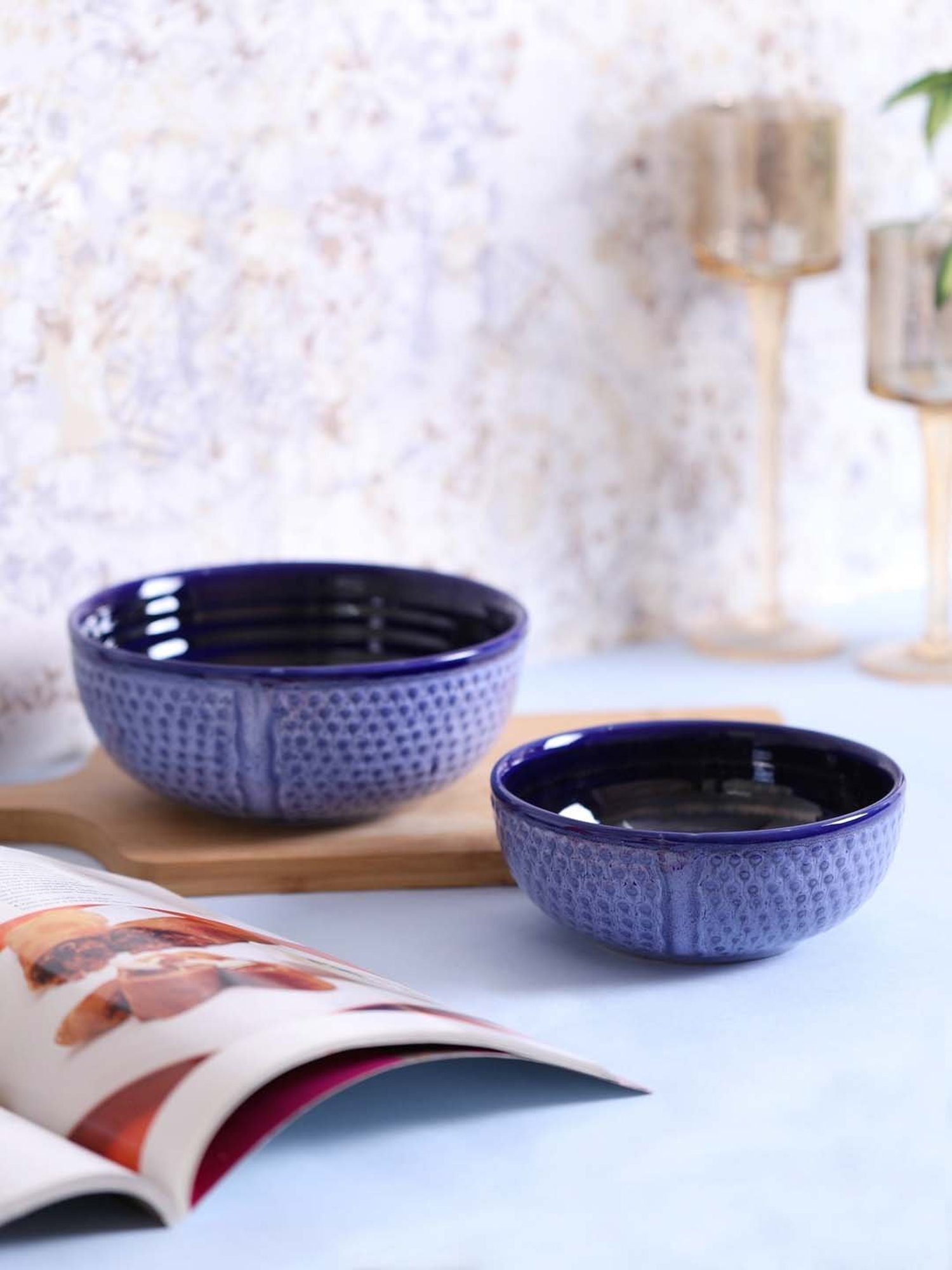 VarEesha Blue Ceramic Serving Bowls (700 ml, 500 ml) - Set of 2