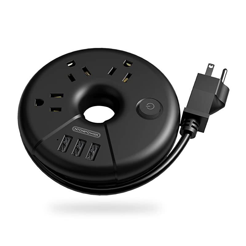 Travel Power Strip  Portable Charging Station 3 USB Without Surge Protector Short Extension Cord 15 inch Compact for Home Office Cruise Ships Business Trip Hotels Black