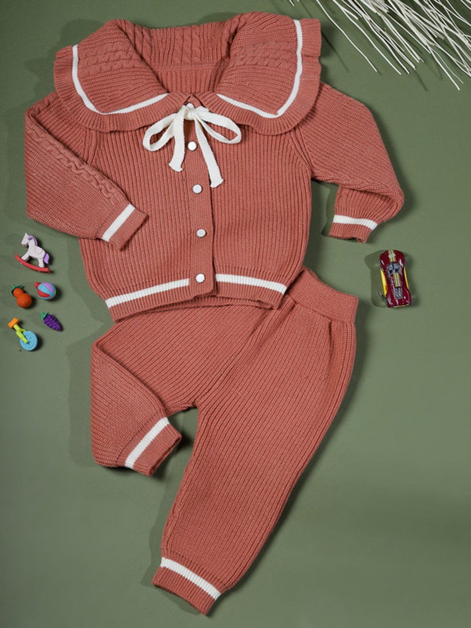 NEUDIS Girls Dark Peach Self Design Full Sleeves Sweatshirt with Joggers