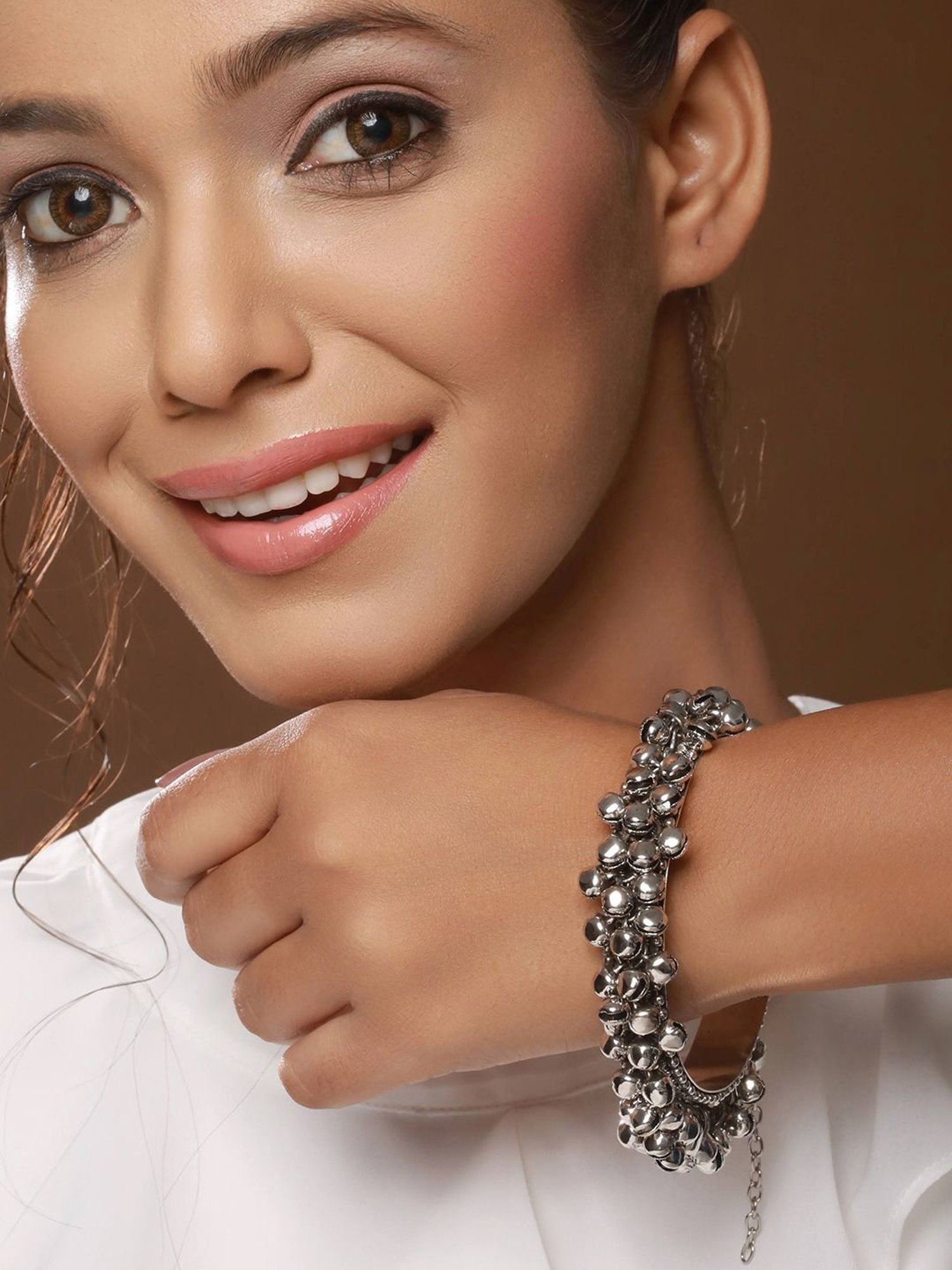 Aatmana Silver-Plated Ghungroo Beaded Oxidized Handcrafted Bangle Style Bracelet