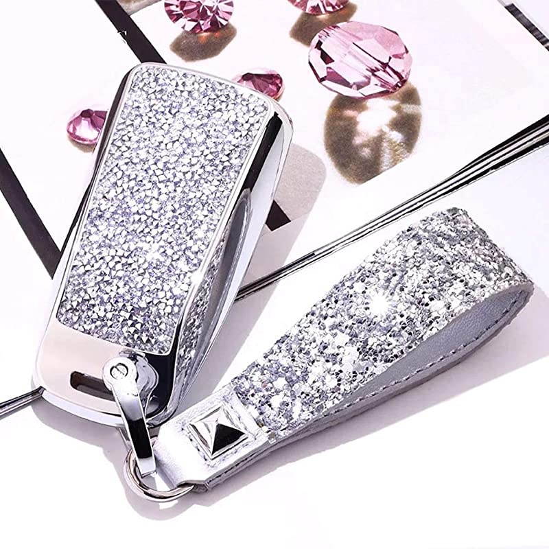 TM Luxury 3 Buttons 3D Bling Smart keyless Entry Remote Key Fob case Cover for Audi A3 A4 A5 A6 Q3 Q5 Q7 C5 C6 B6 B7 B8 TT 80 S6 A6 C6 Accessorieswith Keychain Silver