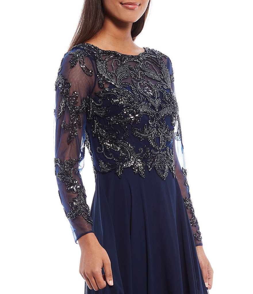 Xscape Jewel Neck Long Sleeve Beaded Bodice Chiffon Gown