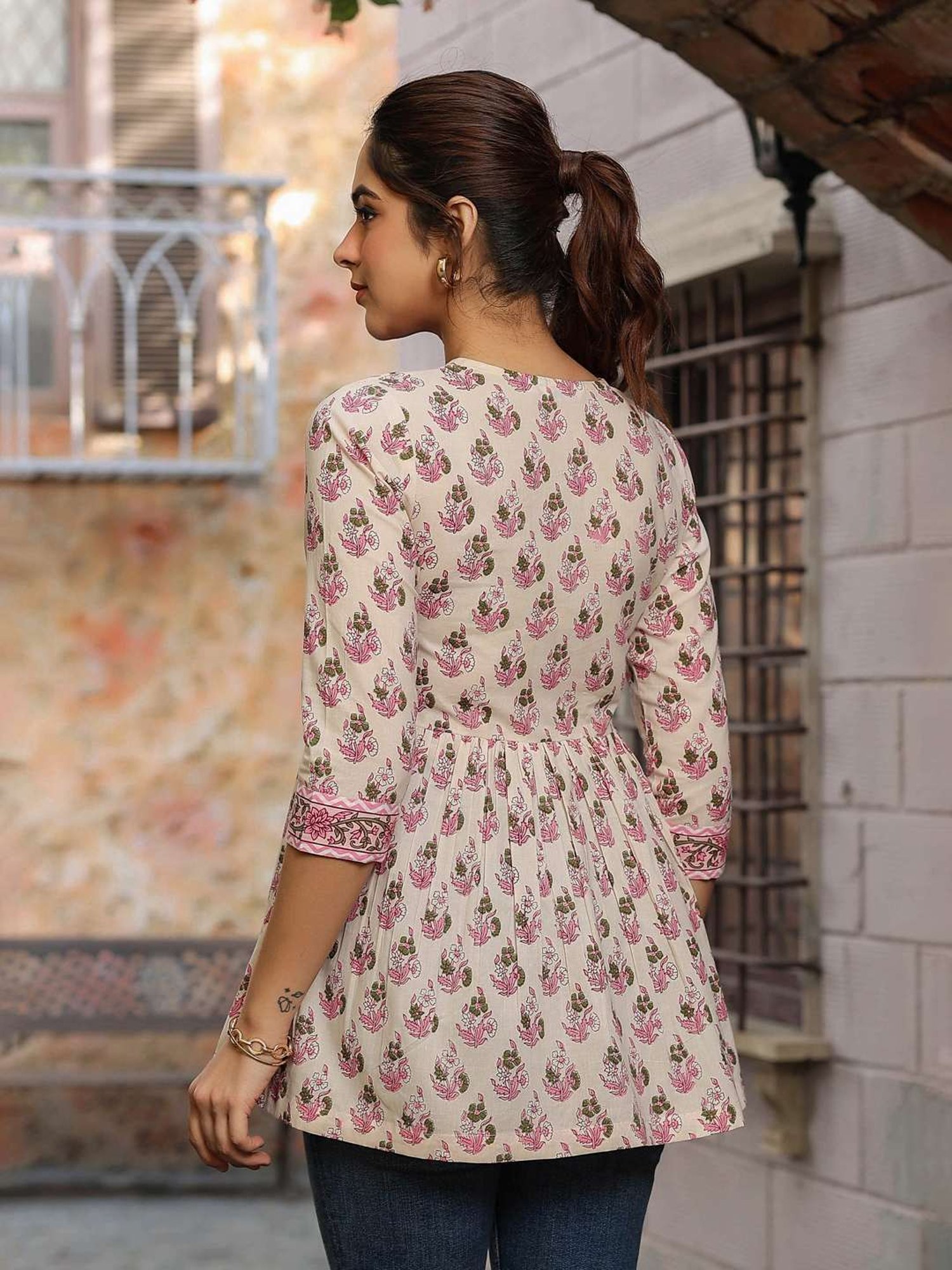 Rain and Rainbow Cream & Pink Cotton Floral Print Top