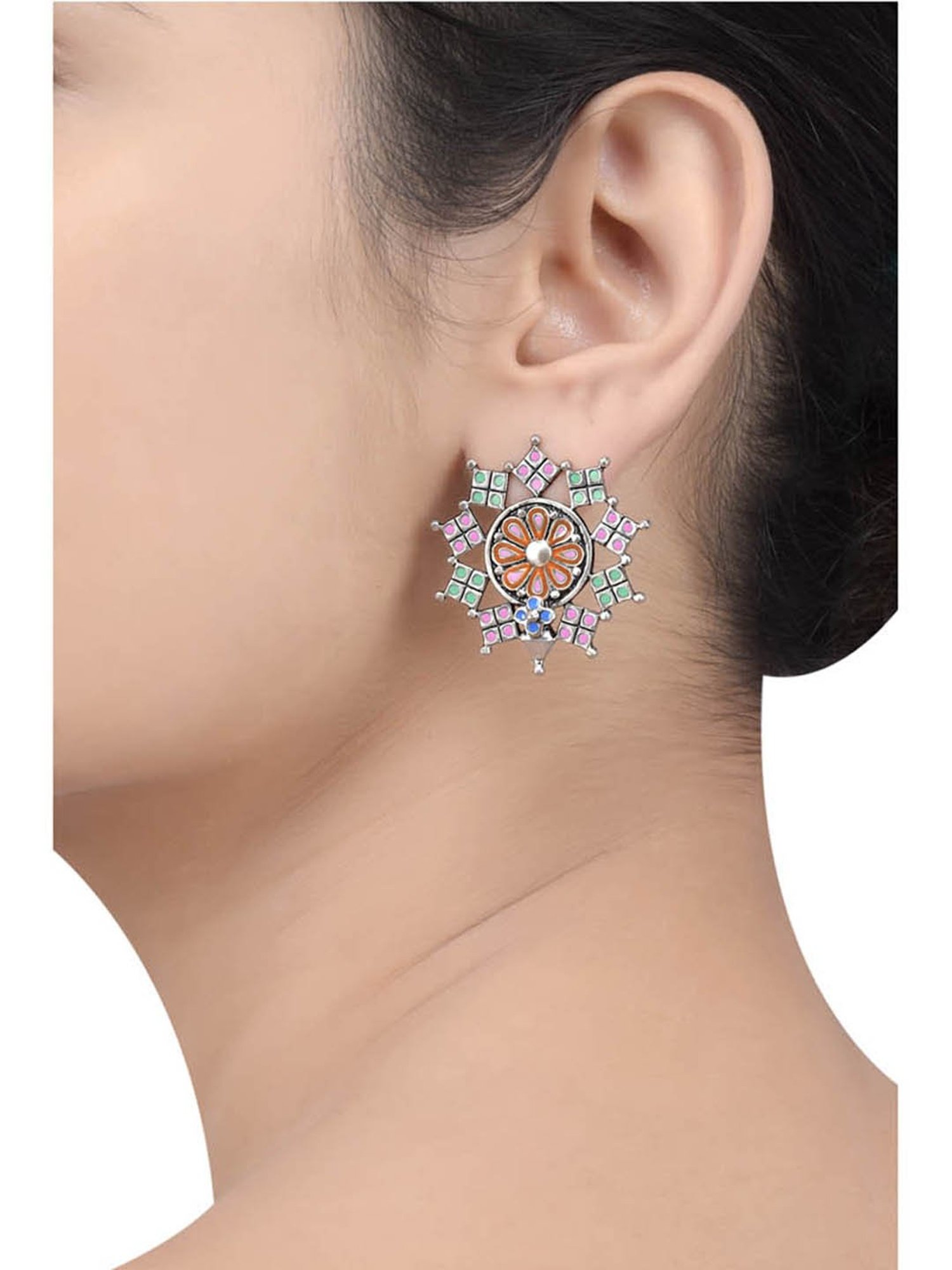 Tribe Amrapali Multi Flower Square Charm Chandrika Stud Earrings