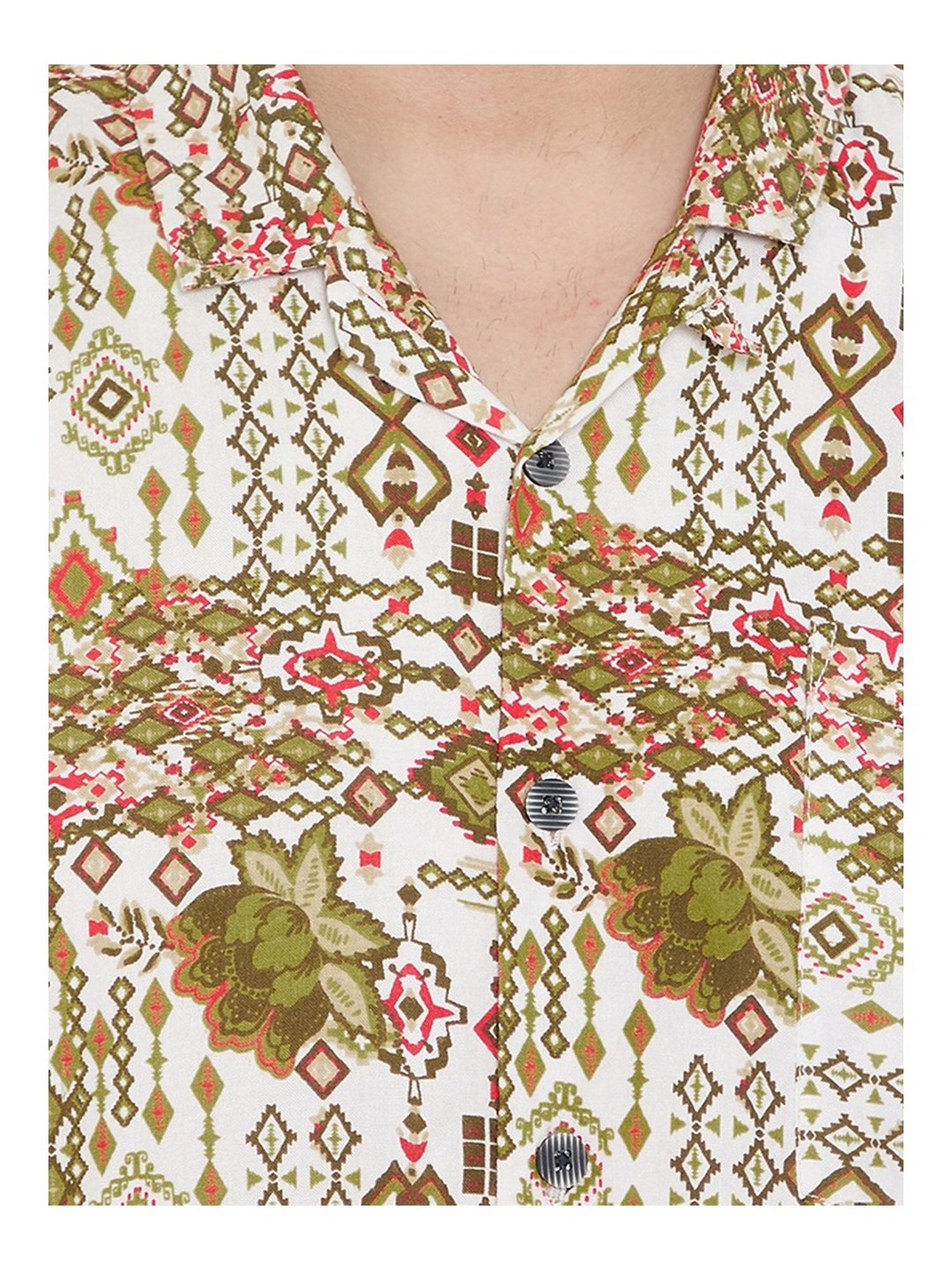Even White & Green Slim Fit Printed Shirt