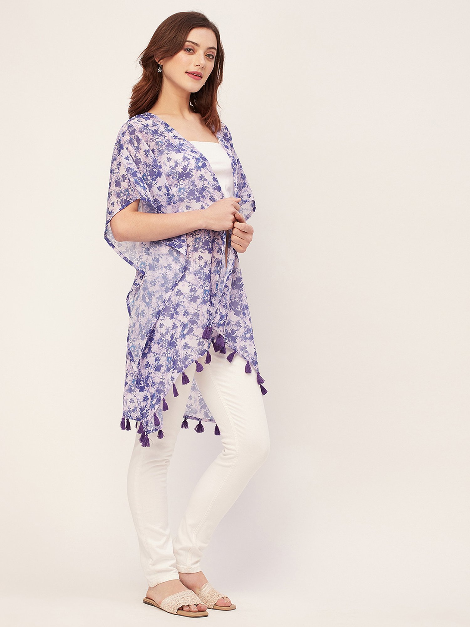Moomaya Violet & White Floral Print Shrug