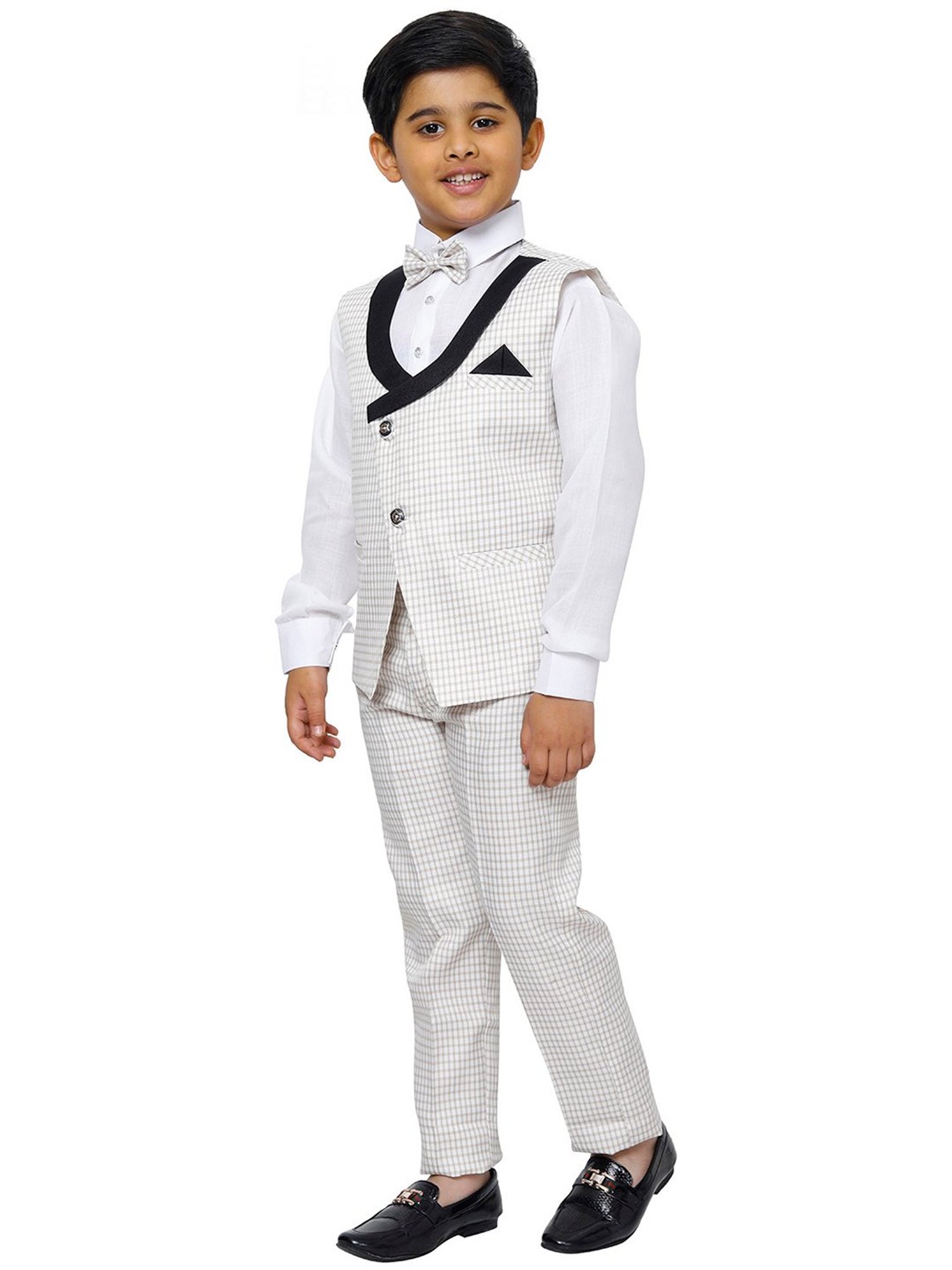 Pro-Ethic Style Developer Kids Off White Checks Full Sleeves Shirt, Waistcoat, Pants with Bow