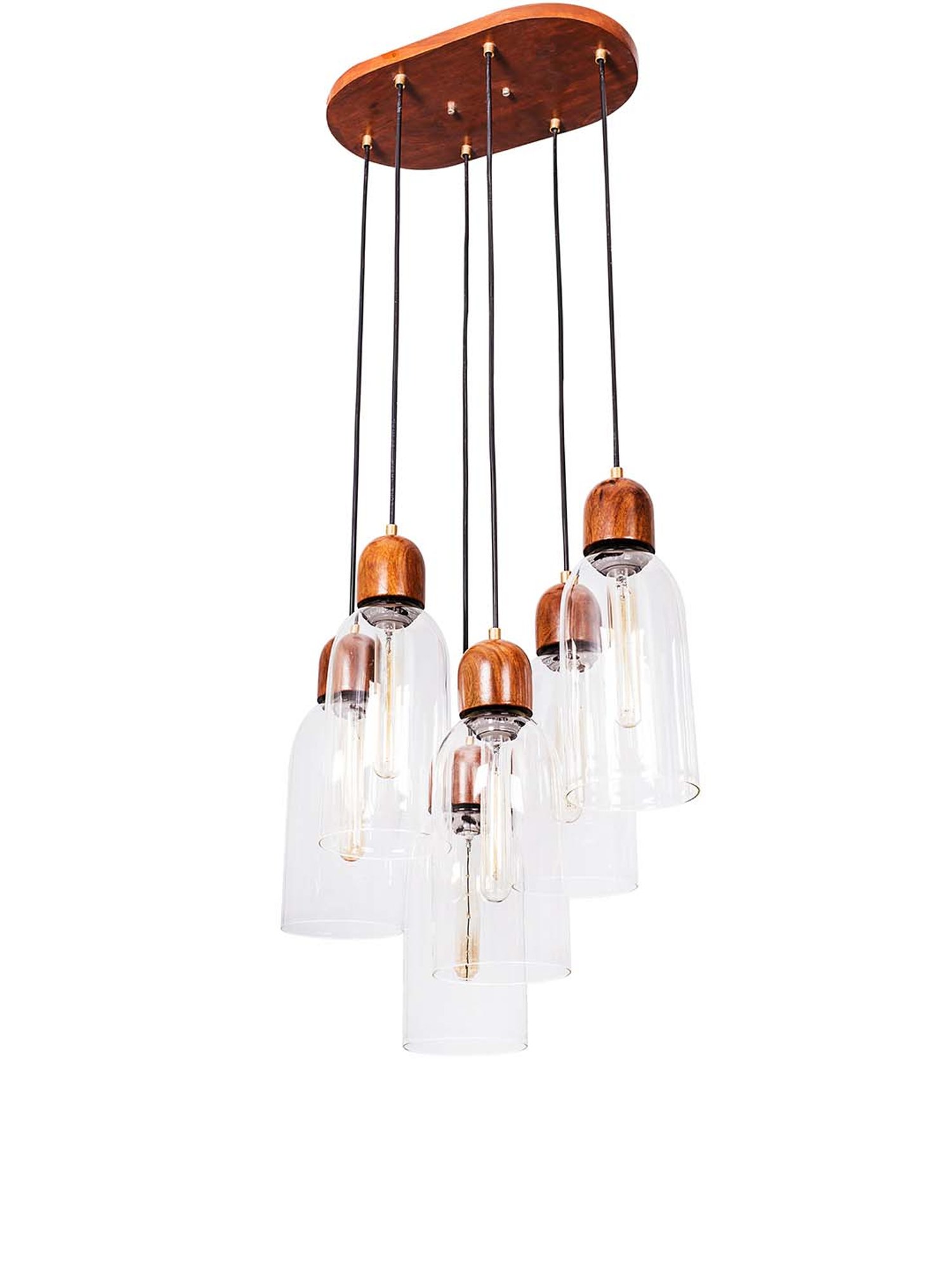 Fos Lighting Brown Modern Clear Glass & Wood 6 Light Pendant Light - Set of 1