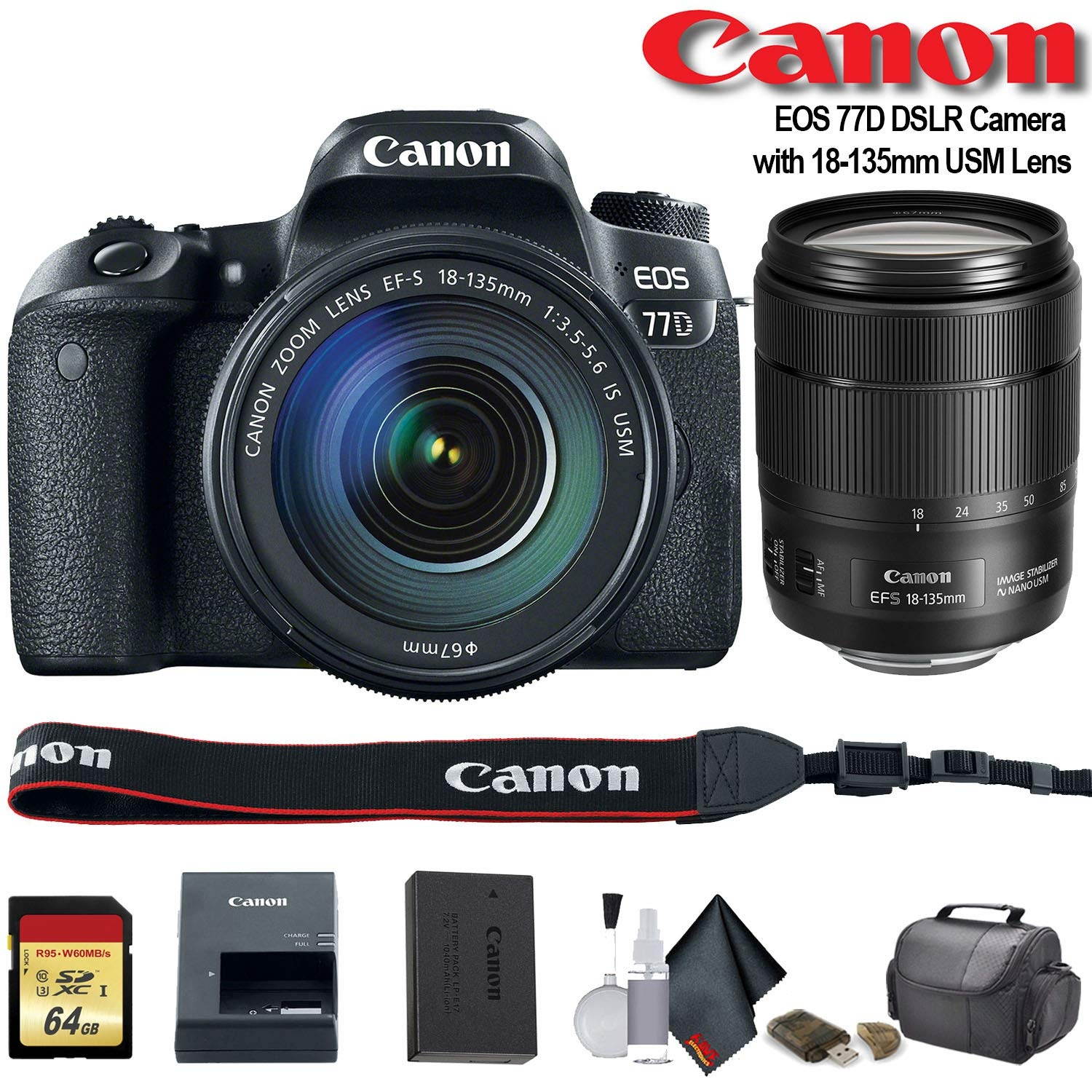 Canon EOS 77D DSLR Camera with 18-135mm USM Lens (Intl Model) (1892C002) - Starter Bundle