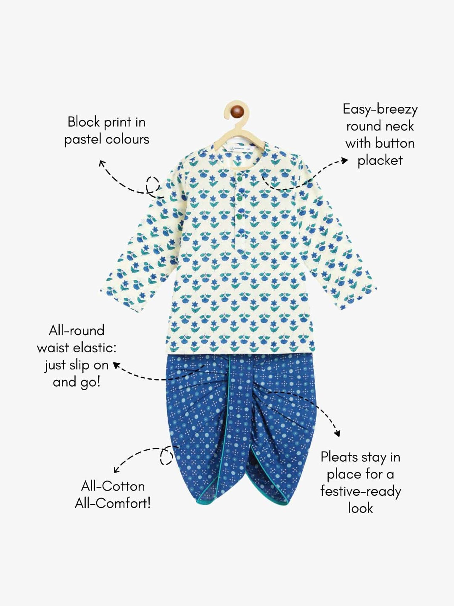 Campana Kids White & Blue Cotton Printed Full Sleeves Kurta & Dhoti