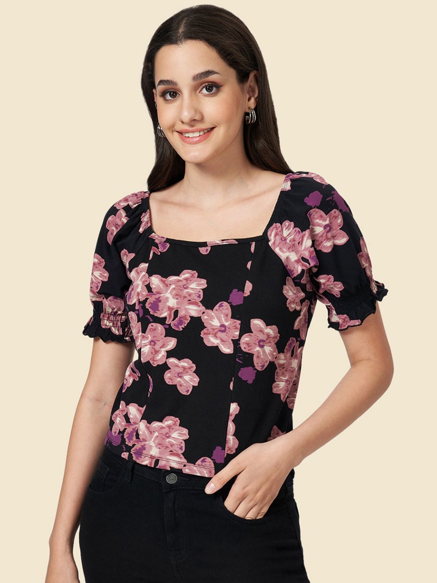 YU by Pantaloons Black & Purple Cotton Floral Print Top