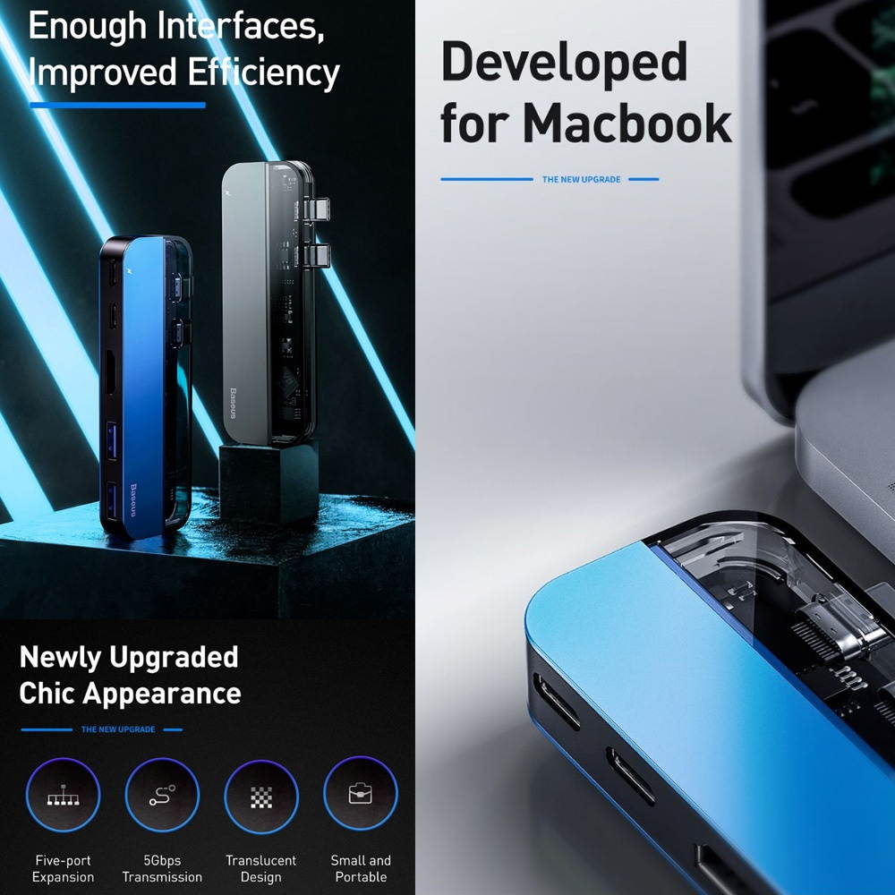 Baseus Transparent Series Dual-Port Type-C Multifunctional HUB Dual Type-C 2 USB 3.0 4K HD Interface Support PD Charging Video Output Thunder 3 For Macbook Smartphone