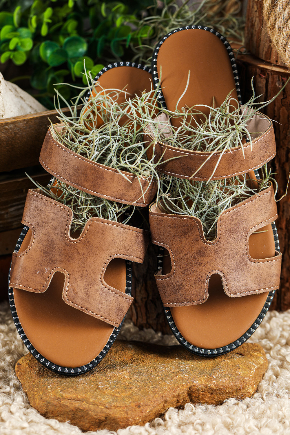 Brown Leather H Band Flat Slides S​hoes
