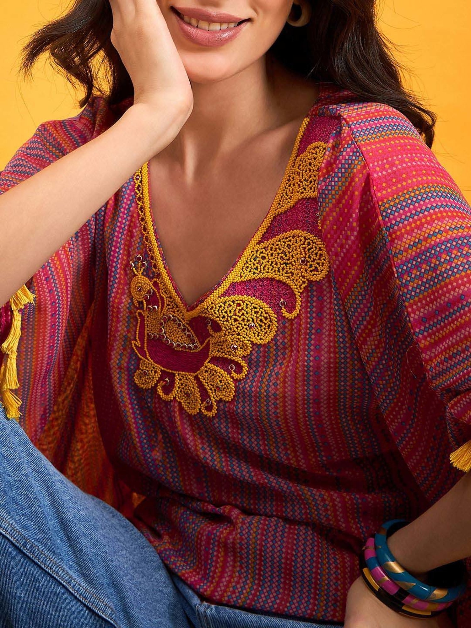 The Kaftan Company Red Embroidered Kaftan Top