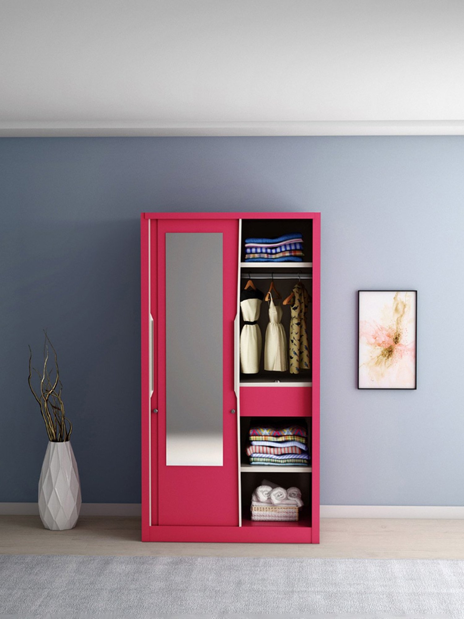 Godrej Interio Slide N Store Pro 2-Door Steel Wardrobe, Blush Red (1-Year Warranty, 1 Drawer)
