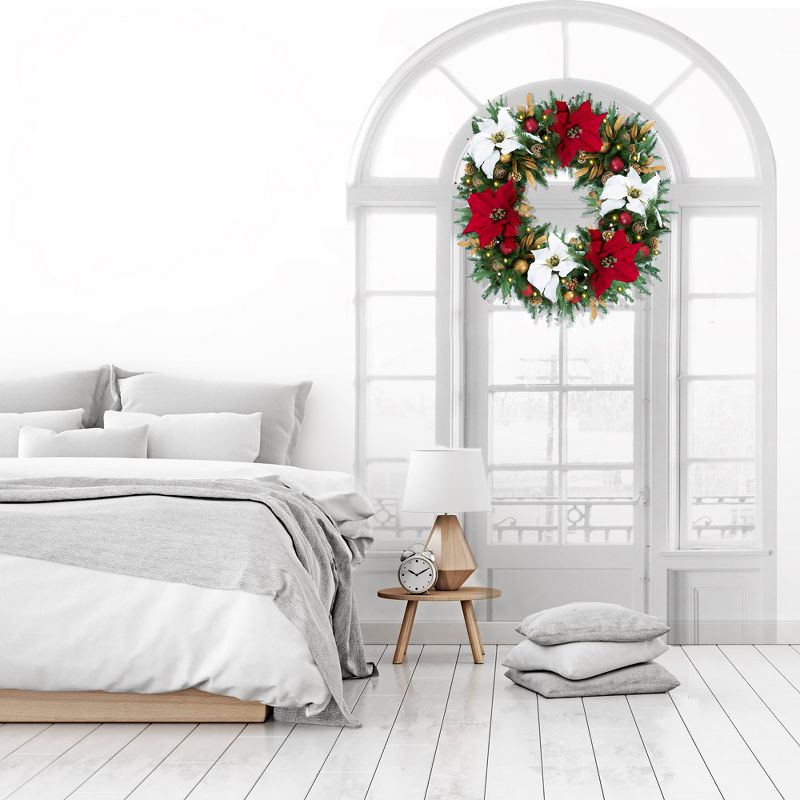 Easy Treezy 30-Inch Pre-Lit Pine Decorative Holiday Christmas Wreath with 100 Incandescent Warm White Lights, Red and Gold