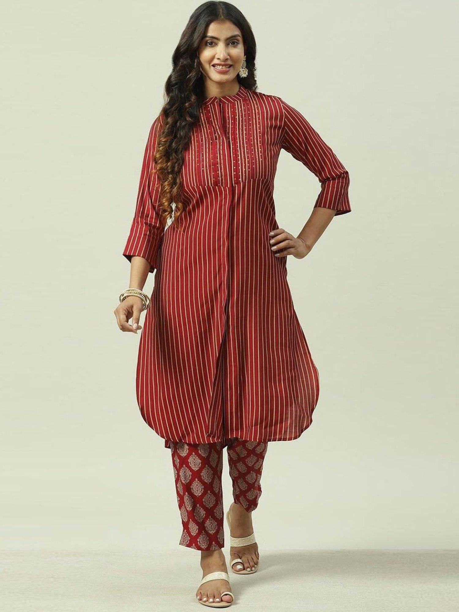 Biba Red Striped Kurta Pant Set