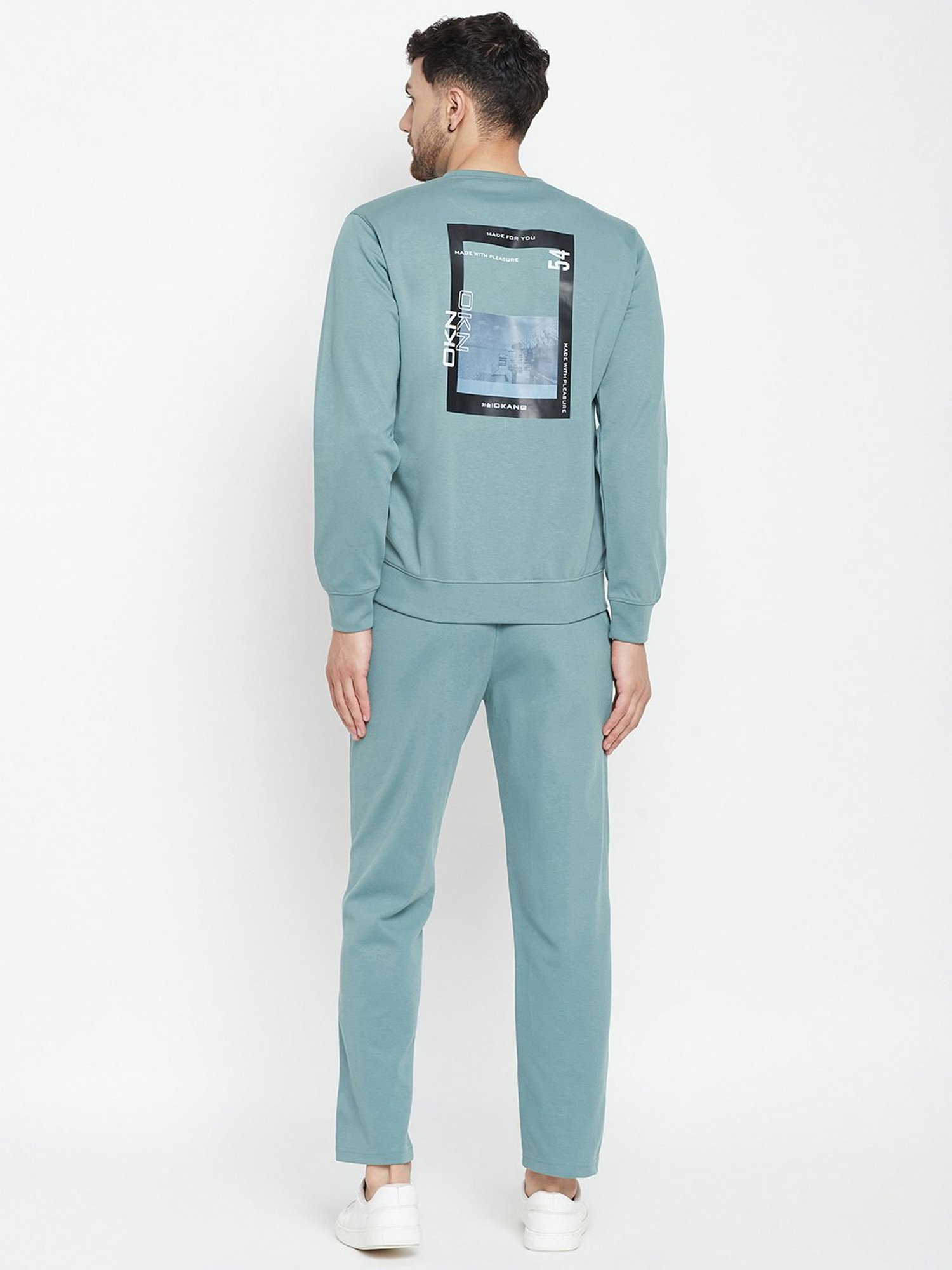 Okane Dusty Green Regular Fit Printed Sweatshirt & Trackpants Set