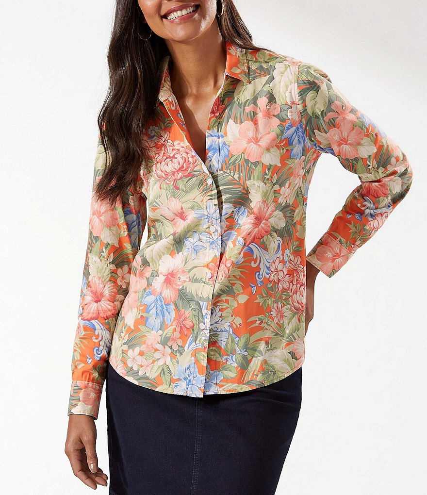 Tommy Bahama Royal Botanic Floral Print Stretch Poplin Point Collar Neck Long Button Cuff Sleeve Shirt