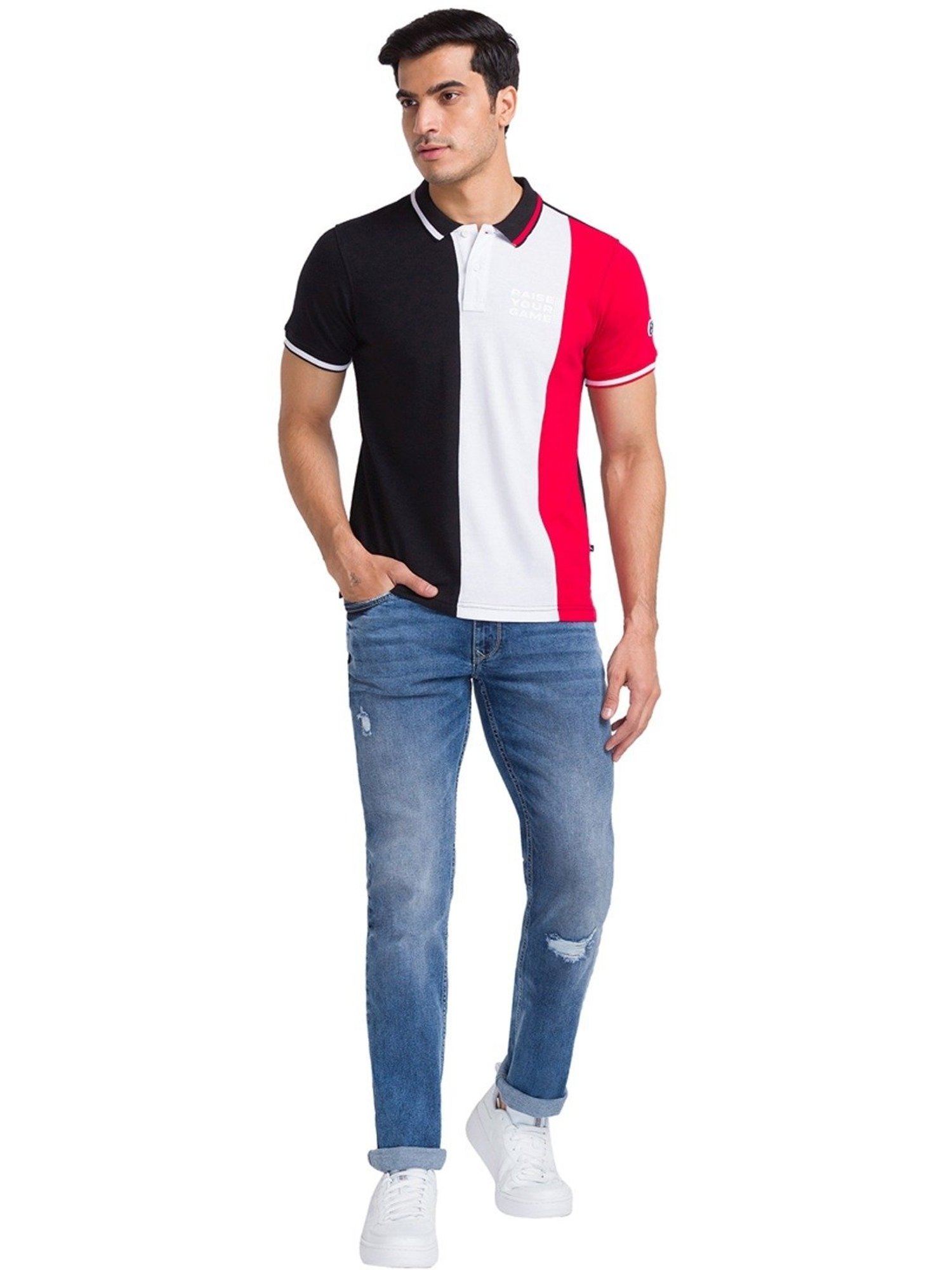 Parx Black & Red Cotton Regular Fit Colour- Block Polo T-Shirt