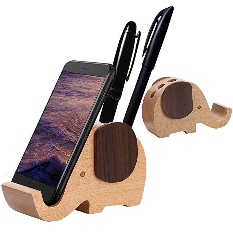 Cell Phone Stand, Wood Made Elephant Phone Stand for Smartphone with Pen Holder Desk Organizer (Small)