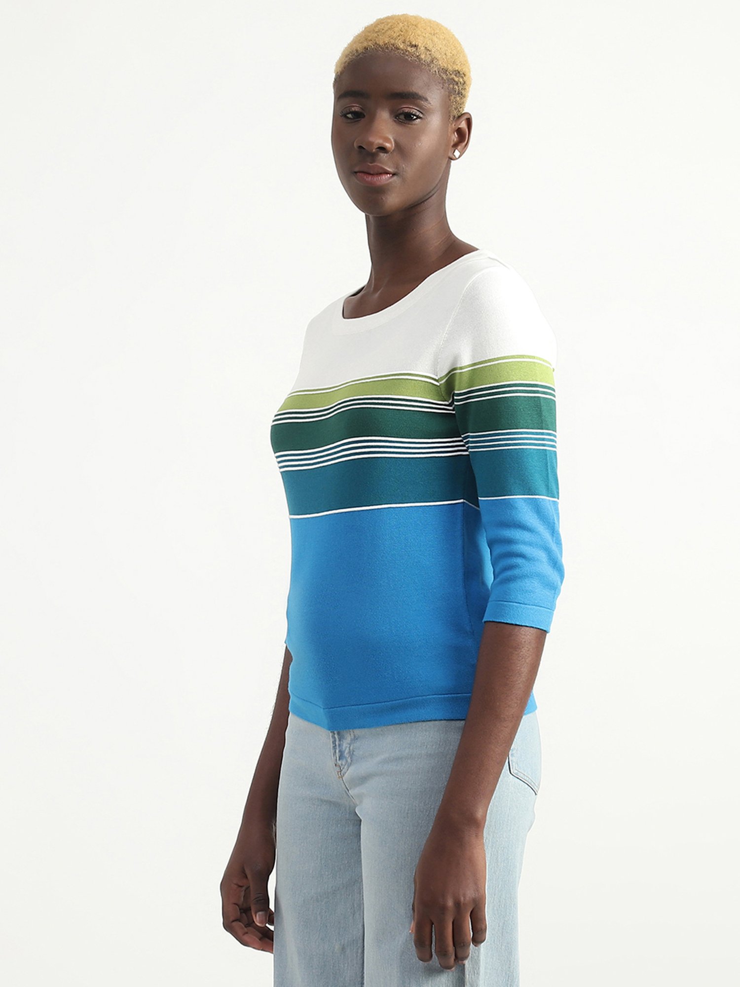 United Colors of Benetton White & Blue Cotton Striped Top