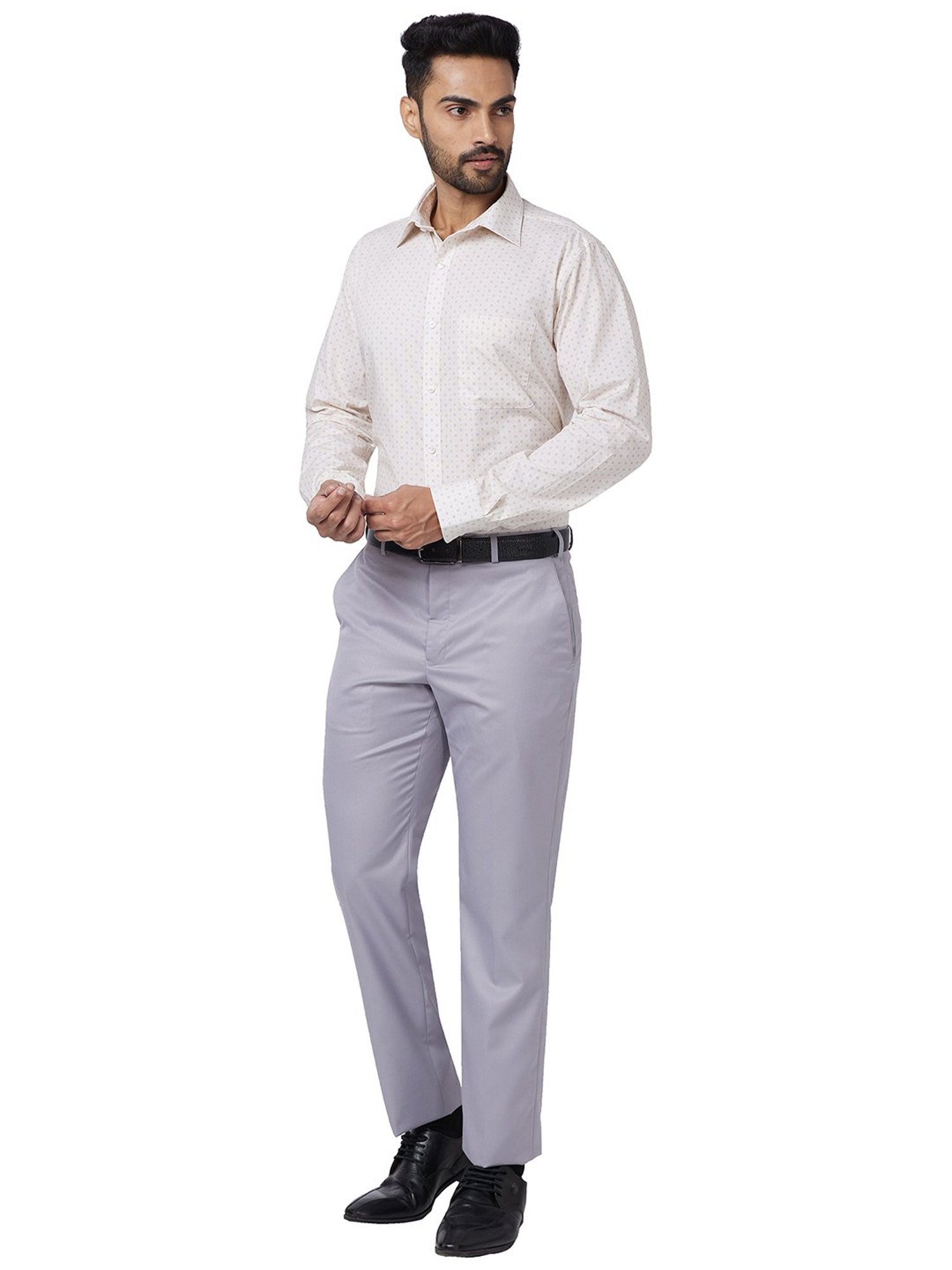 Park Avenue Light Grey Regular Fit Self Design Flat Front Trousers